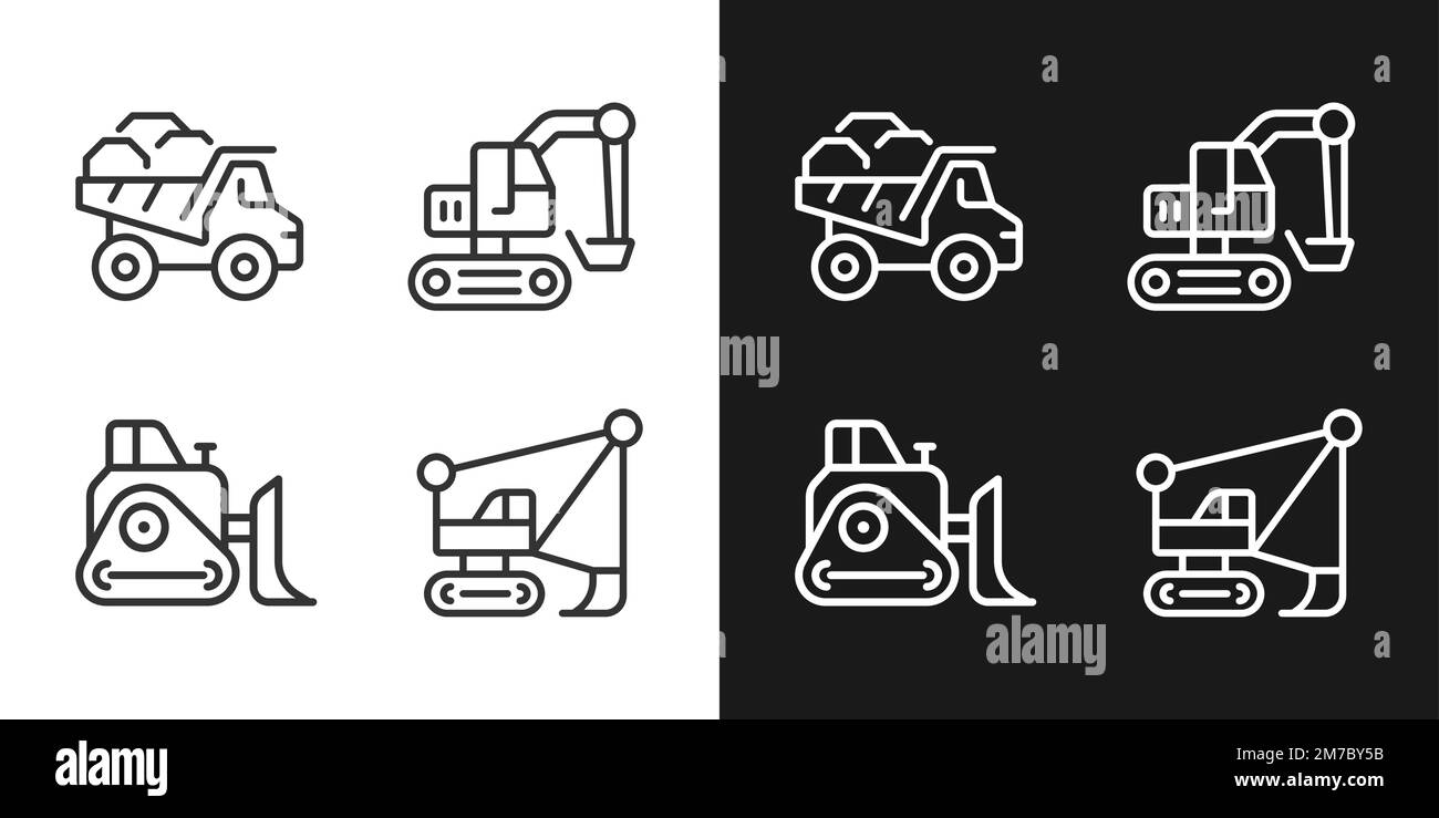 Les icônes linéaires de pixels des véhicules miniers sont définies pour le mode sombre et clair Illustration de Vecteur