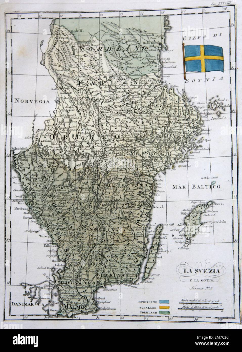 Carte de la Suède et de la Gothia, de l'Atlas Marmocchi, Florence, Italie 1838 Banque D'Images