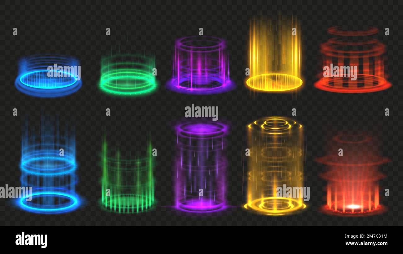Portails magiques. Aura effet phosphorescent, faisceau portique téléporté vertical et jeu d'illustrations futuristes à vecteur lumineux Illustration de Vecteur