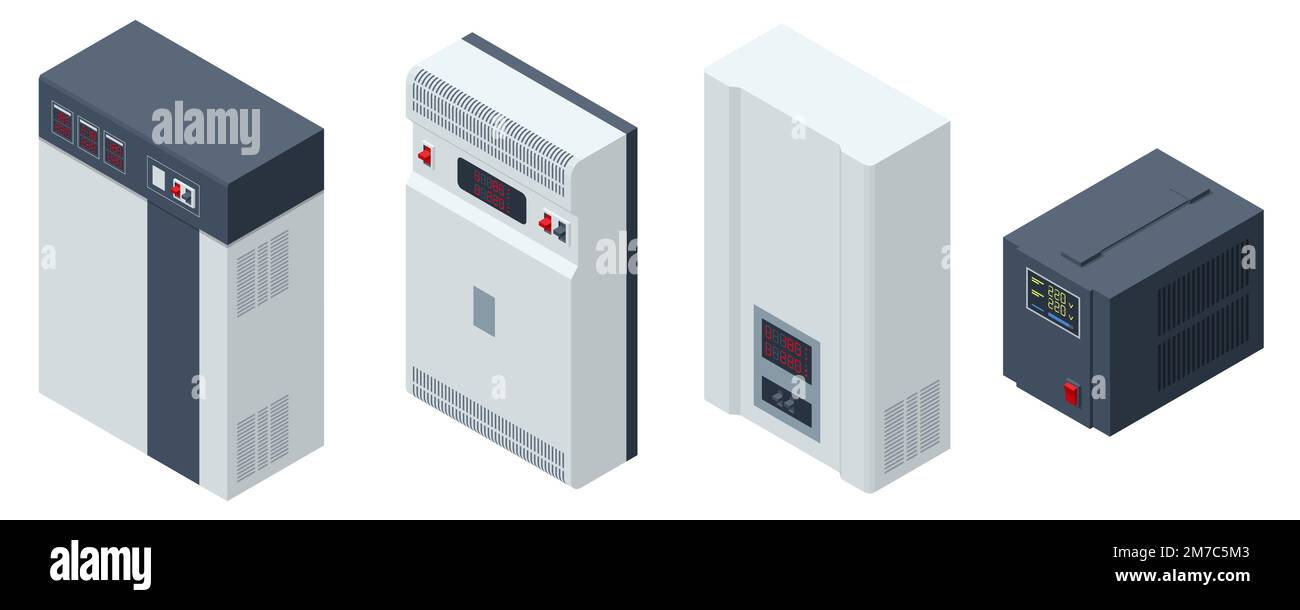 Icônes de jeu de régulateurs de tension isométriques. Un régulateur de tension est un système conçu pour maintenir automatiquement une tension constante. Illustration de Vecteur