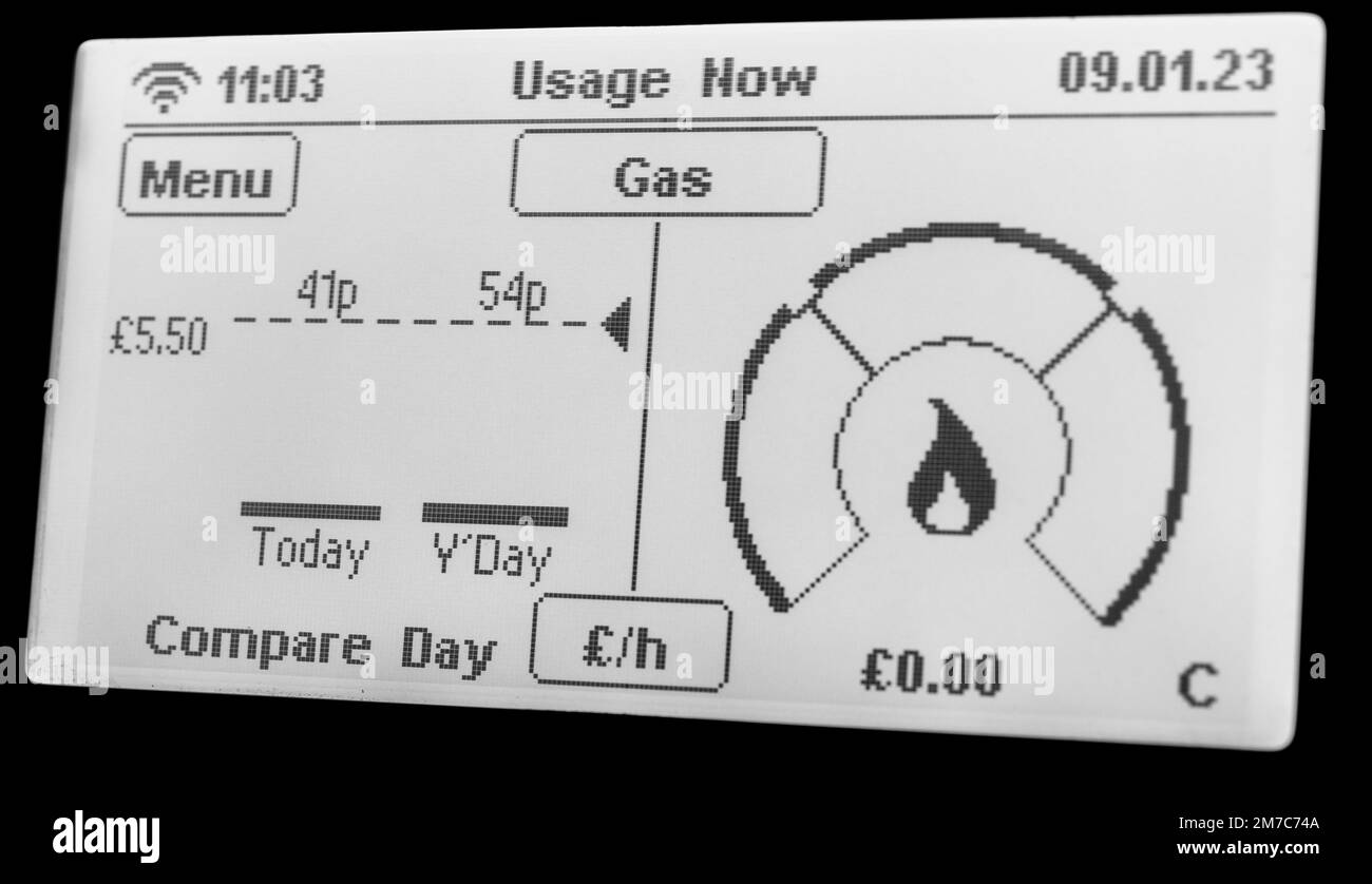 Écran du compteur intelligent affichant la consommation de gaz, en comparant l'utilisation à la journée précédente Banque D'Images