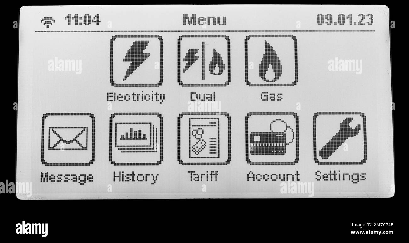 Menu de l'écran d'accueil du compteur intelligent affichant les options de l'écran tactile Banque D'Images