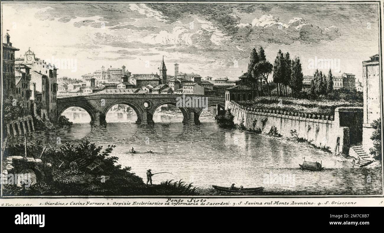 Vue du pont Ponte Sisto, illustration, Rome, Italie 1800s Banque D'Images