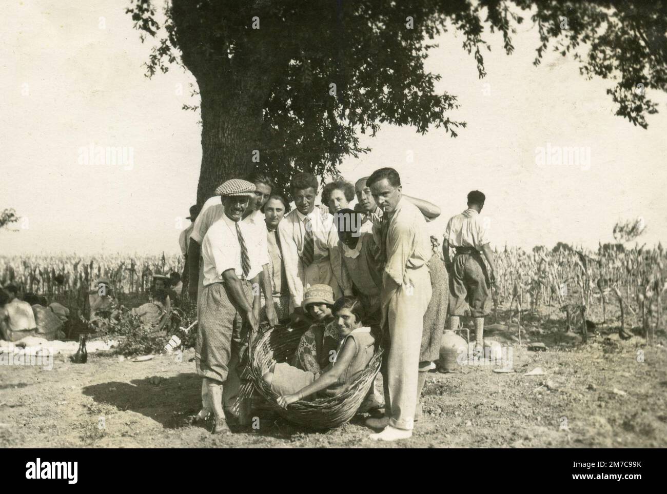 Groupe de personnes plaisantant pendant la récolte, Porto San Giorgio, Italie 1927 Banque D'Images