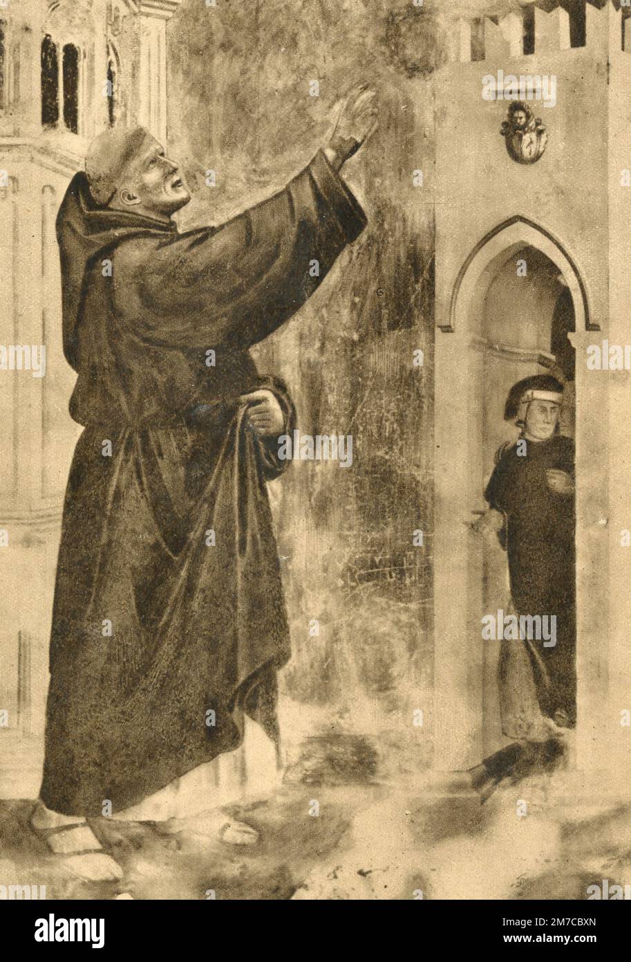 St. Sylvester déchaîne les démons d'Arezzo, détail de fresque par l'artiste italien Giotto, cathédrale d'Assise, Italie 1940s Banque D'Images