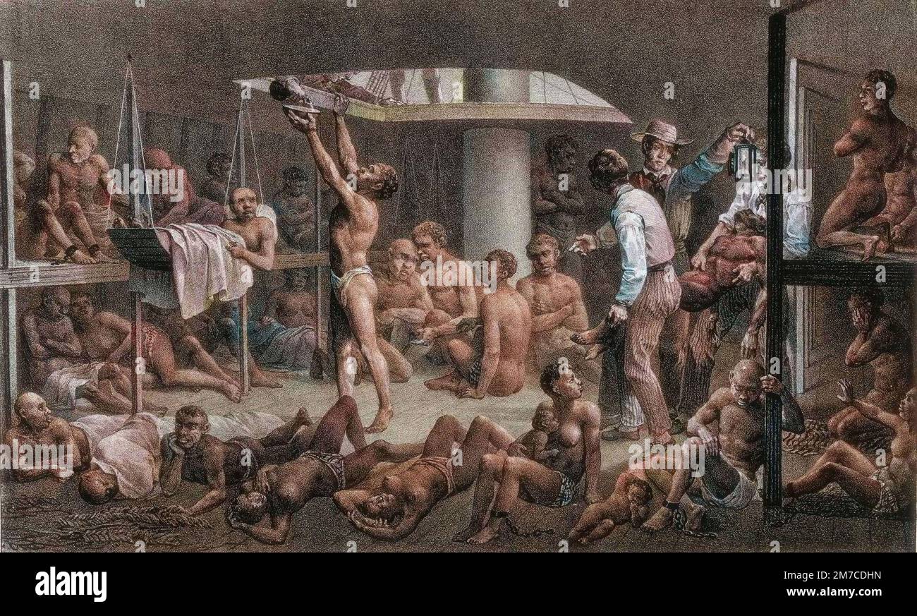 Esclavage au Brésil - Esclavage au Bresil : transport d'esclaves un bord d'un Negrier. Des hommes ont un terre, deux blancs ont un esclave mort ou malade tandis qu'un autre ont tendance à un coupé vers le pont pour avoir de l'eau. Gravure de Johann Moritz Rugendas, 1835 Banque D'Images