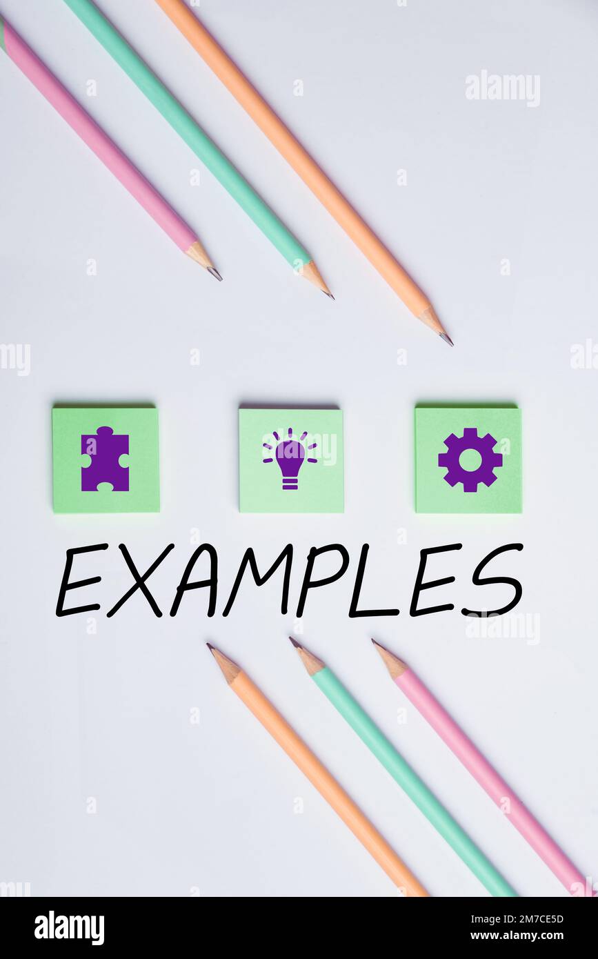 Légende de texte présentant des exemples. Exemple de modèle de photo d'idée d'entreprise à suivre Guide Explication par exemple Banque D'Images