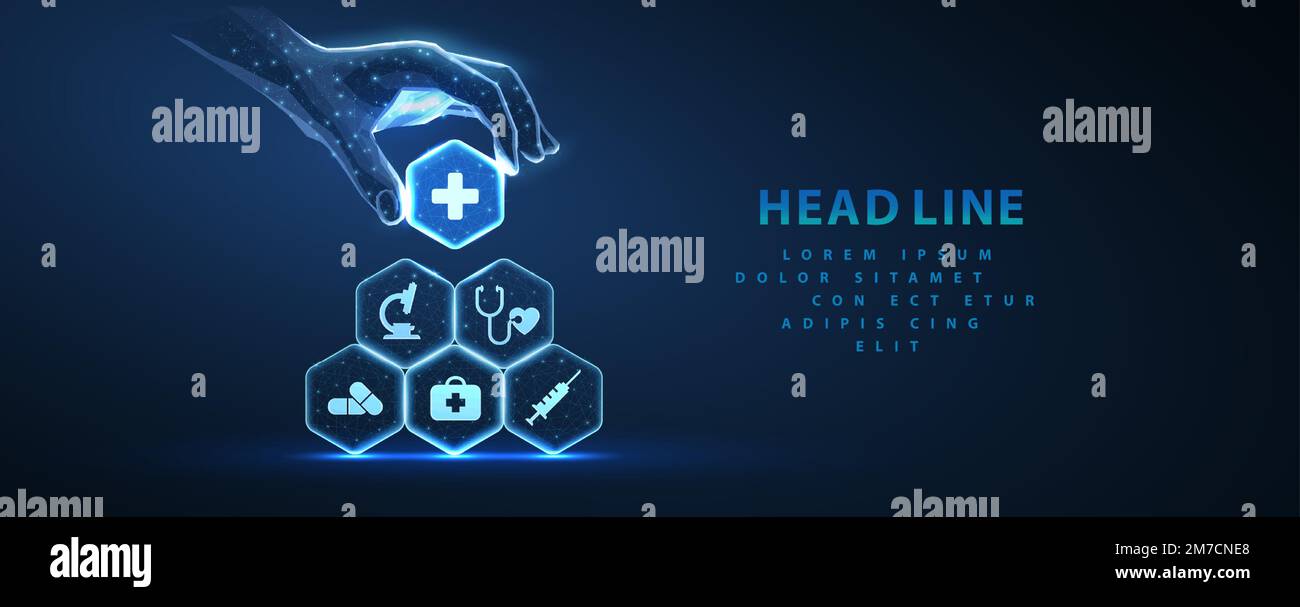 Système de santé. Icônes médicales sur les hexagons fait pyramide et main tenant l'élément supérieur. Avion de soins de santé, technologie numérique de service aux patients, ai Illustration de Vecteur