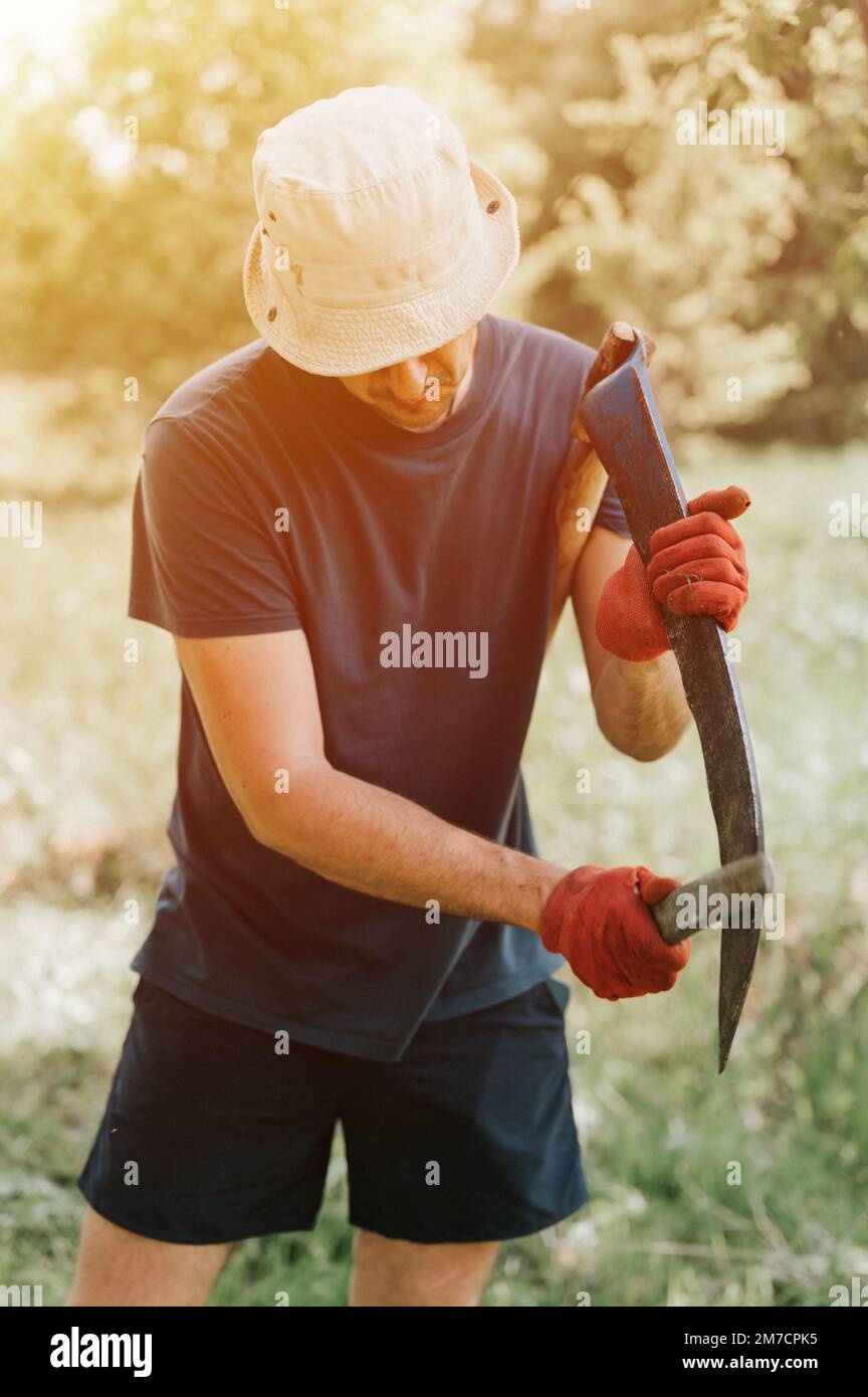 faucher l'herbe traditionnelle à l'ancienne avec des scythe à la main sur la ferme du village. jeune agriculteur mature, homme aiguisant le scythe avec de l'herbe ou de la baleine Banque D'Images