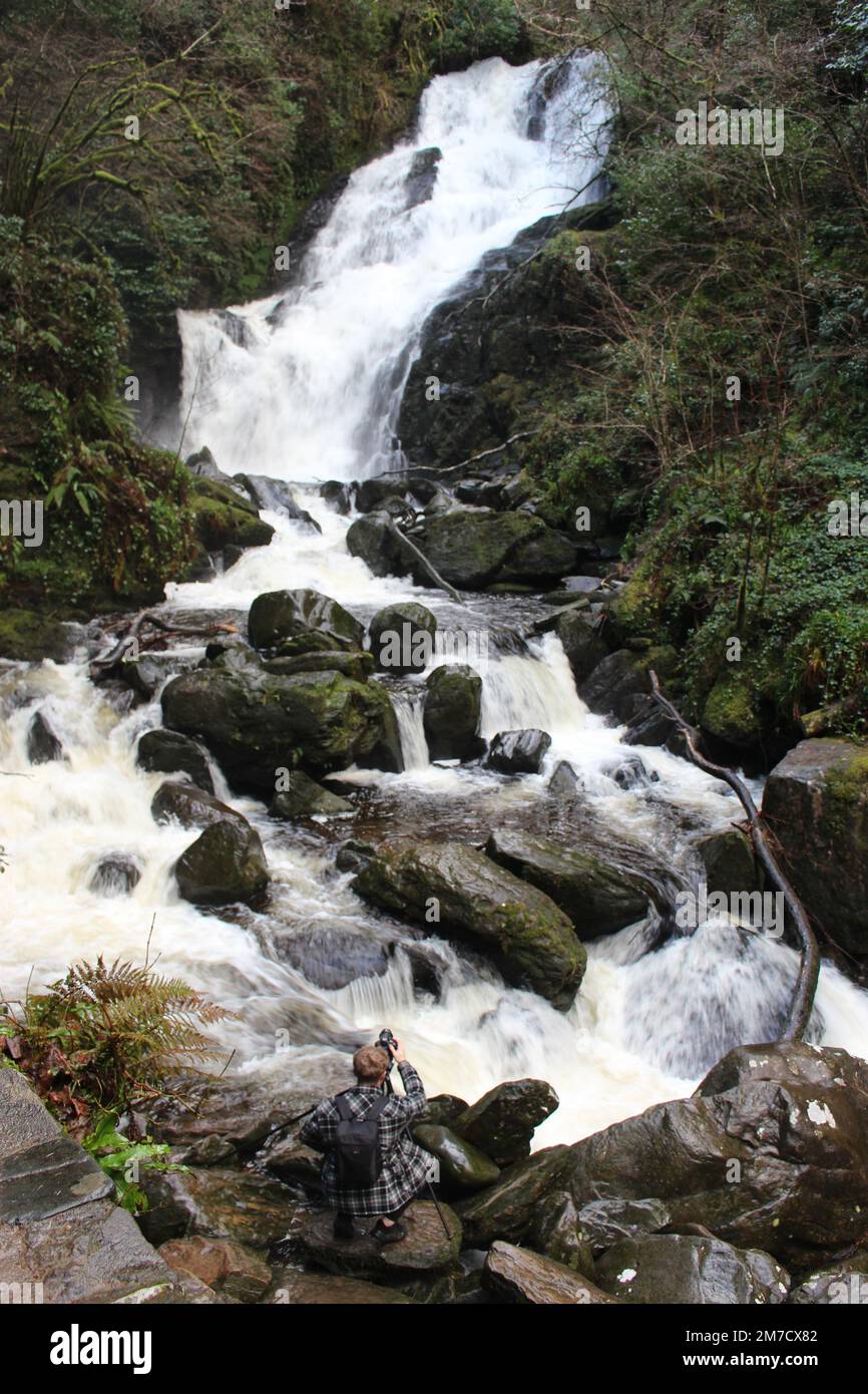 Photographe photographie Torc Waterfall après de fortes pluies hivernales dans le comté de Kerry, en Irlande. Concept pour la photographie de nature, de paysage ou d'eau Banque D'Images