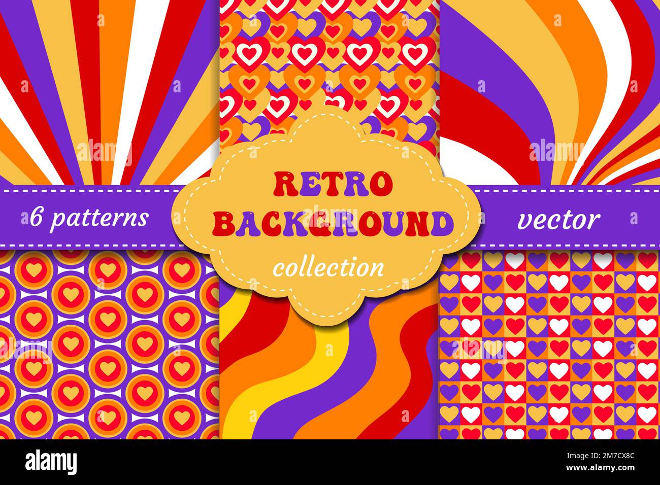 70s 60s motifs rétro amour. Ensemble de décorations géométriques avec coeurs. Vecteur. Illustration de Vecteur