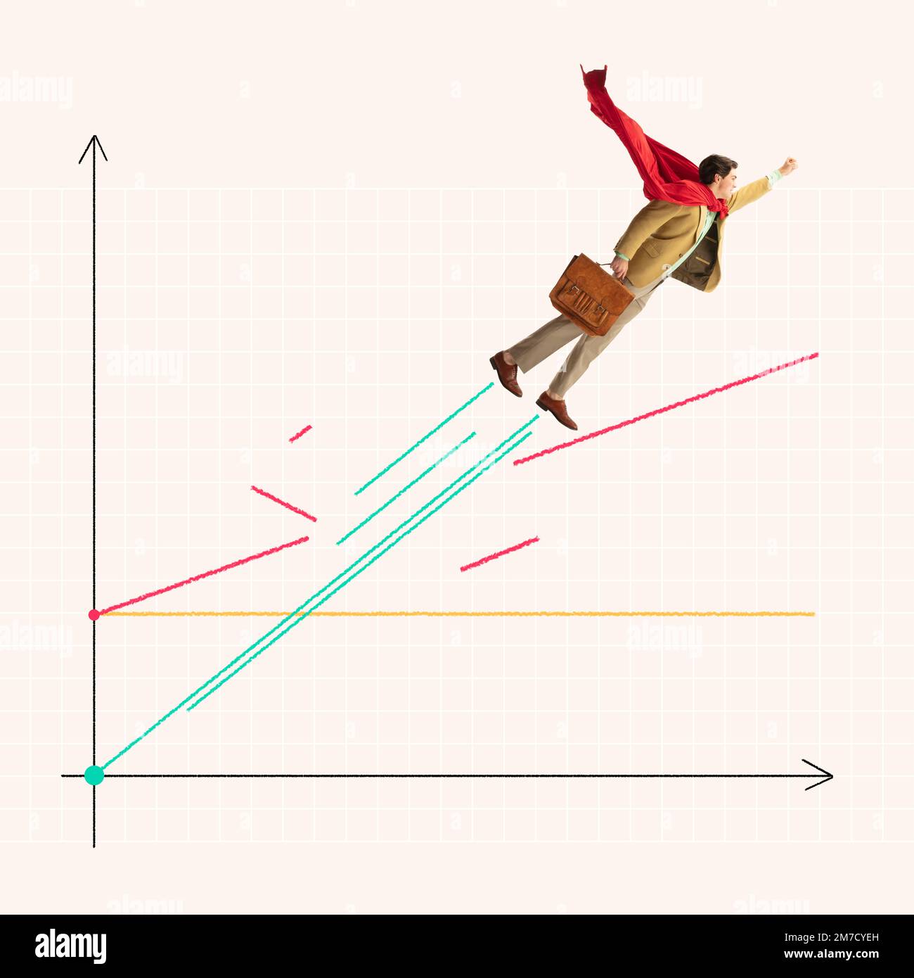 Collage d'art contemporain. Conception conceptuelle. Un jeune homme ambitieux qui monte en puissance un graphique professionnel, un succès grandissant Banque D'Images