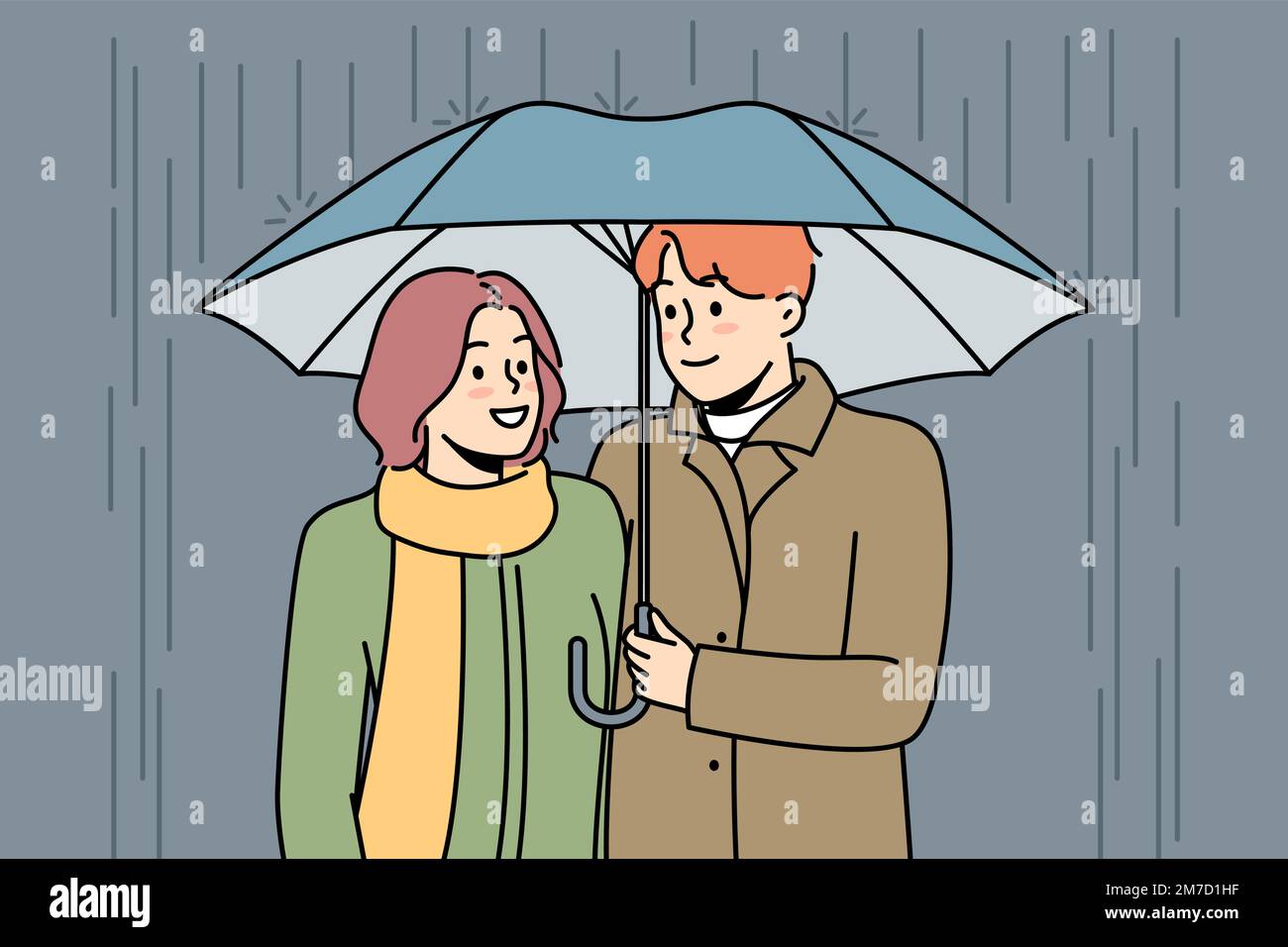 Couple heureux marchant sous un parapluie sous la pluie. Homme et femme souriants aiment la date à l'extérieur par temps pluvieux. Concept de relations. Illustration vectorielle. Illustration de Vecteur