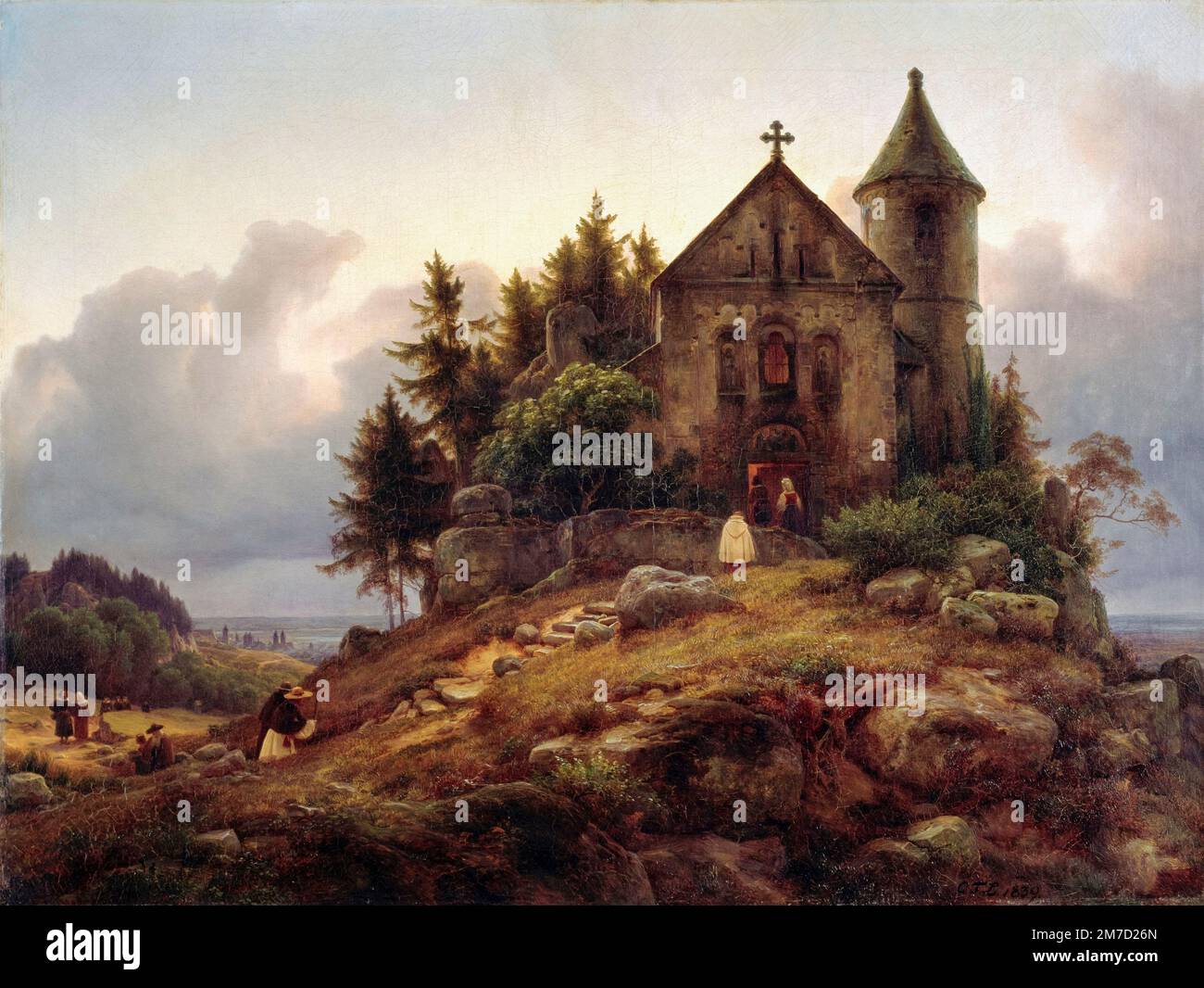 Karl Friedrich Lessing, la chapelle forestière, peinture de paysage à l'huile sur toile, 1839 Banque D'Images