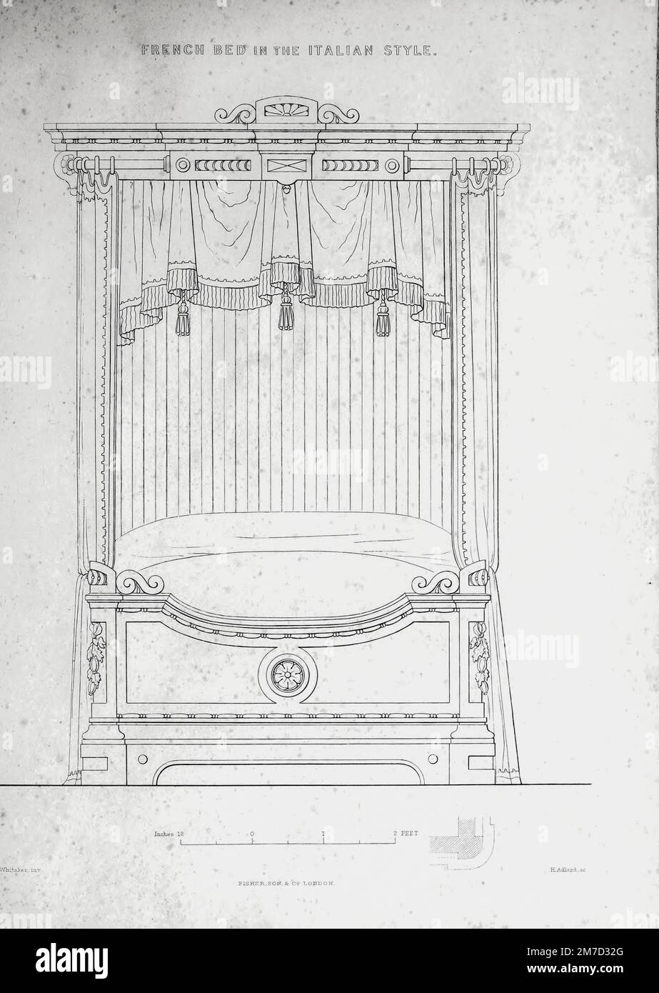 Lit français, avec une verrière, ayant des coins elliptiques, pour permettre au rideau de dessiner jusqu'à la rupture au centre de lui, sur des tiges soutenues à une extrémité par la cassure, et à l'autre par un support, près du mur. Les côtés du lit sont destinés à être découpés comme le repose-pied, seulement plus profond, et de ne pas avoir de pattra dans la partie centrale du cabinet pratique et de la trésorerie de tapisseries de tapissier : maison-ameublement et assistant de décoration : en grec, italien, Renaissance, Louis-Quatorze, gothique, Les styles Tudor, et élisabéthain : entrecoupés de dessins exécutés pour le p royal Banque D'Images