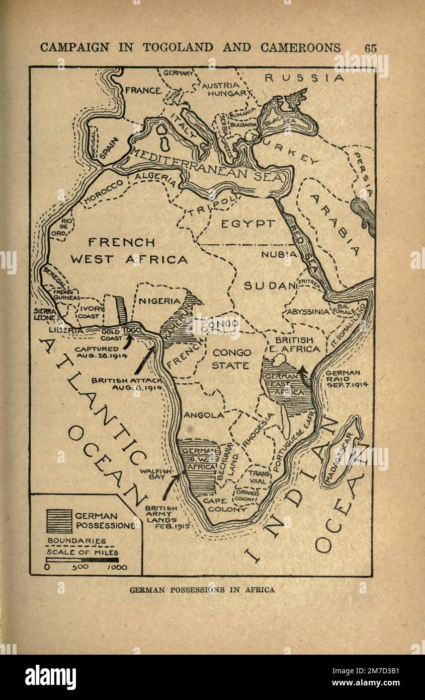 Les possessions allemandes en Afrique d'après le livre The Story of the Great War; The Complete history of events to date DIPLOMATIQUES AND STATE PAPERS by Reynolds, Francis Joseph, 1867-1937; Churchill, Allen Leon; Miller, Francis Trevelyan, 1877-1959; Wood, Leonard, 1860-1927; Knight, Austin Melvin, 1854-1927; Palmer, Frederick, 1873-1958; Simonds, Frank Herbert, 1878-; Ruhl, Arthur Brown, 1876- Volume III publié en 1920 Banque D'Images