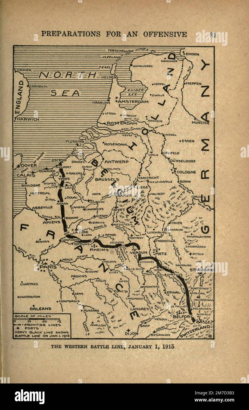 Ligne de bataille occidentale, 1 janvier 1915 d'après le livre The Story of the Great War; The Complete history of events to ce jour, LES DOCUMENTS DIPLOMATIQUES ET D'ÉTAT de Reynolds, Francis Joseph, 1867-1937; Churchill, Allen Leon; Miller, Francis Trevelyan, 1877-1959; Wood, Leonard, 1860-1927; Knight, Austin Melvin, 1854-1927; Palmer, Frederick, 1873-1958; Simonds, Frank Herbert, 1878-; Ruhl, Arthur Brown, 1876- Volume III publié en 1920 Banque D'Images
