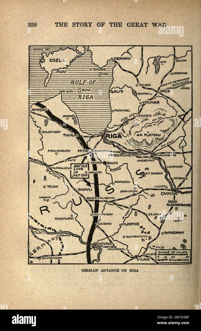 L'Allemagne avance sur Riga, Lettonie dans le livre The Story of the Great War; The Complete history of events to date DIPLOMATIQUES AND STATE PAPERS by Reynolds, Francis Joseph, 1867-1937; Churchill, Allen Leon; Miller, Francis Trevelyan, 1877-1959; Wood, Leonard, 1860-1927; Knight, Austin Melvin, 1854-1927; Palmer, Frederick, 1873-1958; Simonds, Frank Herbert, 1878-; Ruhl, Arthur Brown, 1876- Volume III publié en 1920 Banque D'Images