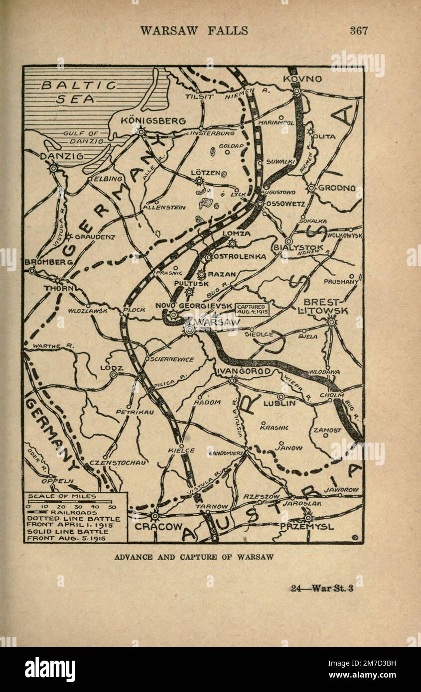 Advance and Capture of Warsaw, Pologne tiré du livre The Story of the Great War; The Complete history of events to date DIPLOMATIQUES AND STATE PAPERS by Reynolds, Francis Joseph, 1867-1937; Churchill, Allen Leon; Miller, Francis Trevelyan, 1877-1959; Wood, Leonard, 1860-1927; Knight, Austin Melvin, 1854-1927; Palmer, Frederick, 1873-1958; Simonds, Frank Herbert, 1878-; Ruhl, Arthur Brown, 1876- Volume III publié en 1920 Banque D'Images