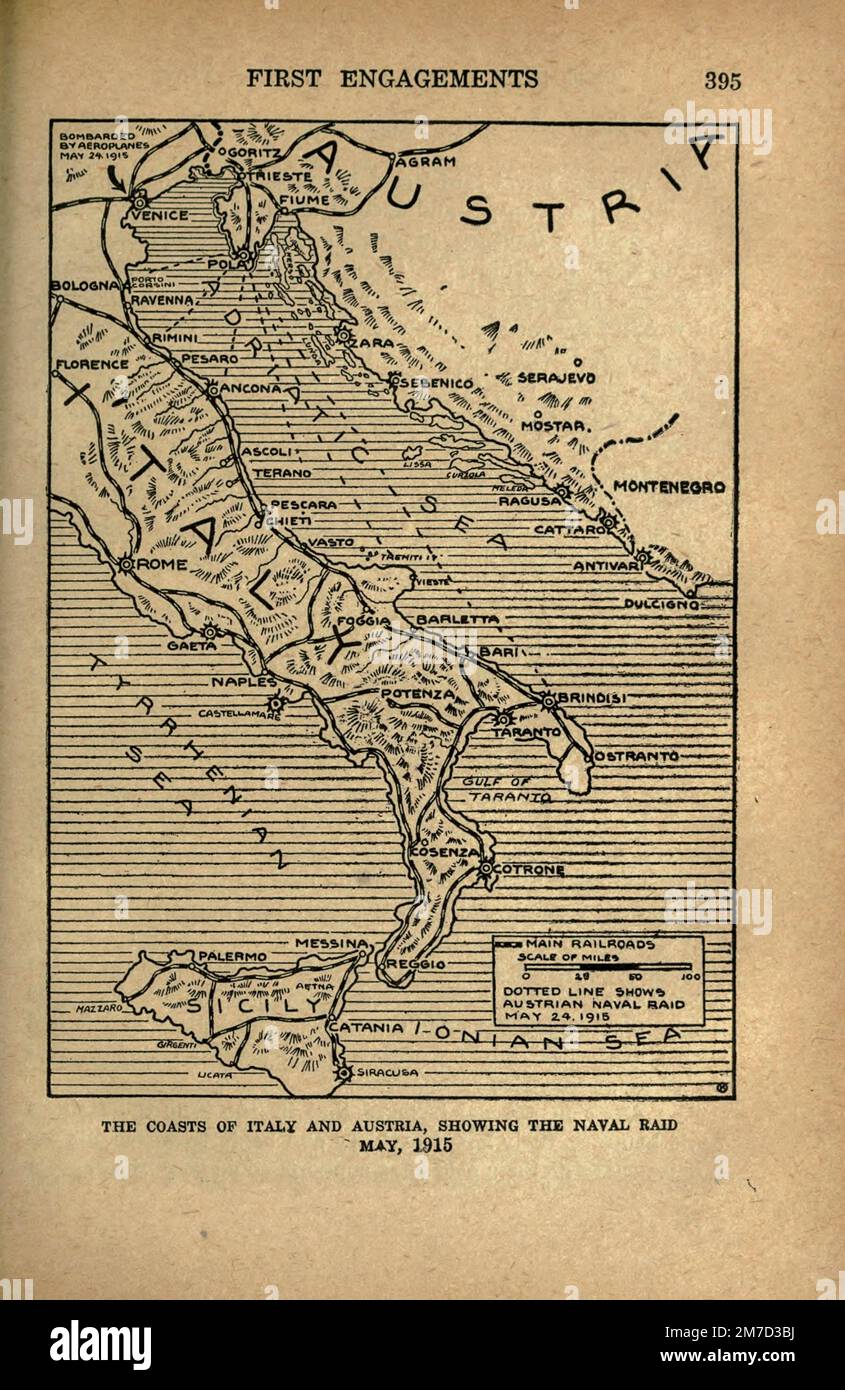 Littoraux de l'Italie et de l'Autriche, montrant le RAID naval en mai 1915, tiré du livre The Story of the Great War; The Complete history of events to date DIPLOMATIQUES ET LES DOCUMENTS D'ÉTAT par Reynolds, Francis Joseph, 1867-1937; Churchill, Allen Leon; Miller, Francis Trevelyan, 1877-1959; Wood, Leonard, 1860-1927; Knight, Austin Melvin, 1854-1927; Palmer, Frederick, 1873-1958; Simonds, Frank Herbert, 1878-; Ruhl, Arthur Brown, 1876- Volume III publié en 1920 Banque D'Images