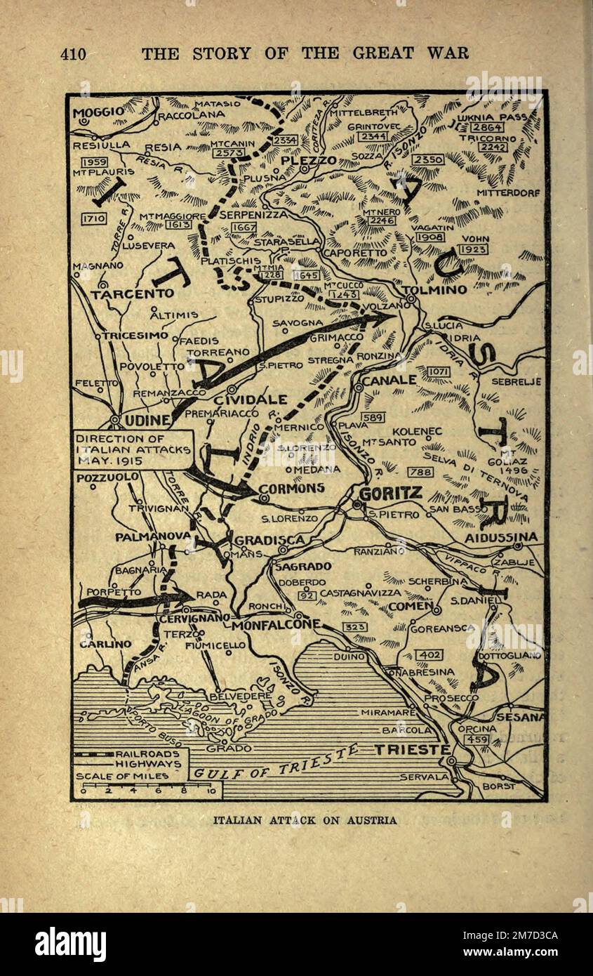 Attaque italienne contre l'Autriche dans le livre The Story of the Great War; The Complete history of events to date DIPLOMATIQUES AND STATE PAPERS by Reynolds, Francis Joseph, 1867-1937; Churchill, Allen Leon; Miller, Francis Trevelyan, 1877-1959; Wood, Leonard, 1860-1927; Knight, Austin Melvin, 1854-1927; Palmer, Frederick, 1873-1958; Simonds, Frank Herbert, 1878-; Ruhl, Arthur Brown, 1876- Volume III publié en 1920 Banque D'Images