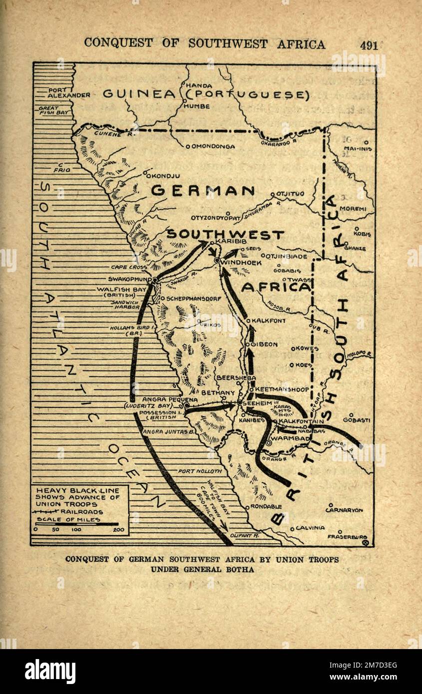 Conquête de l'Afrique du Sud-Ouest allemande, par le général Botha, tiré du livre The Story of the Great War; The Complete history of events to date DIPLOMATIQUES AND STATE PAPERS by Reynolds, Francis Joseph, 1867-1937; Churchill, Allen Leon; Miller, Francis Trevelyan, 1877-1959; Wood, Leonard, 1860-1927; Knight, Austin Melvin, 1854-1927; Palmer, Frederick, 1873-1958; Simonds, Frank Herbert, 1878-; Ruhl, Arthur Brown, 1876- Volume III publié en 1920 Banque D'Images