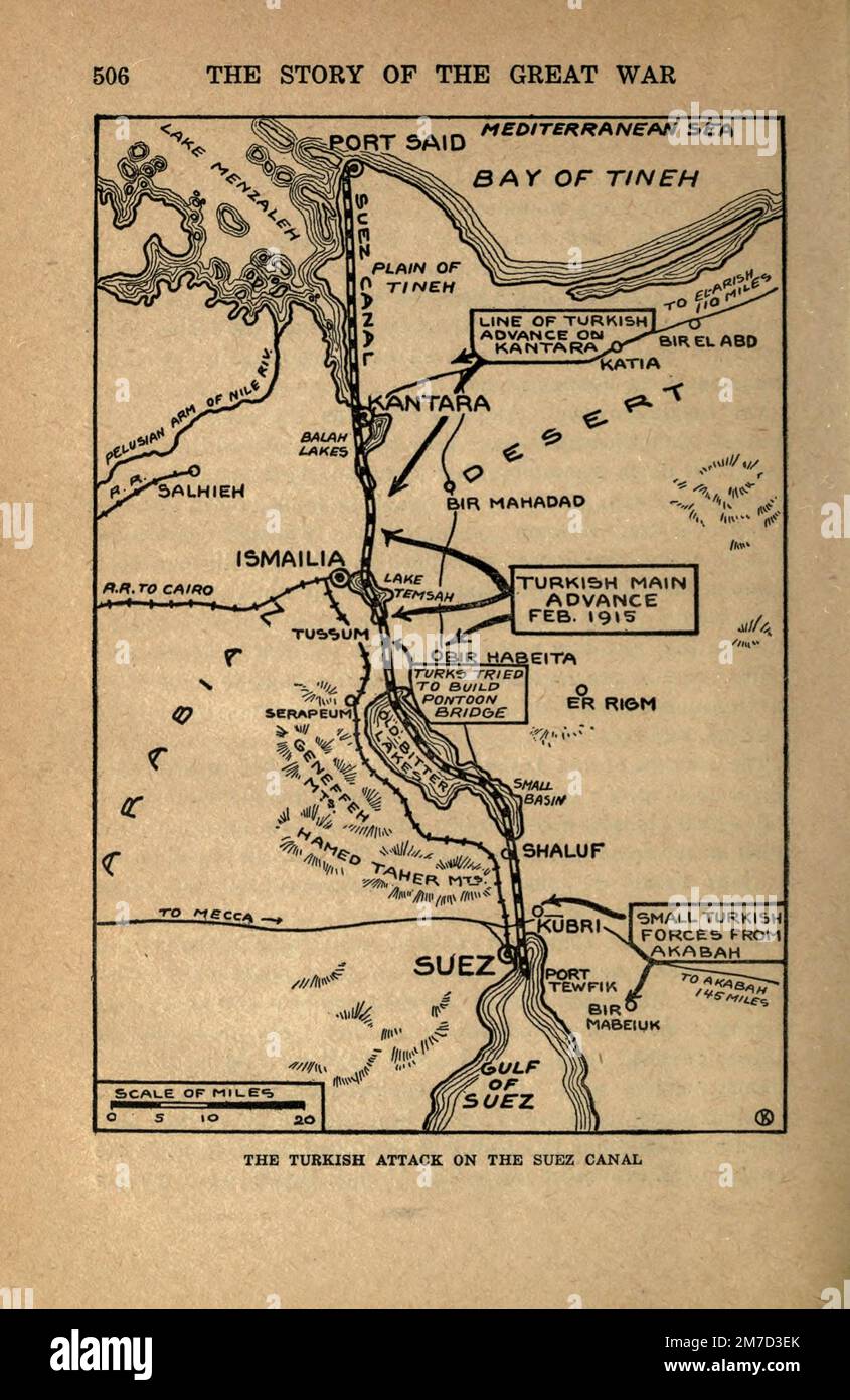 Attaque turque sur le canal de Suez, tirée du livre The Story of the Great War; The Complete history of events to date DIPLOMATIQUES AND STATE PAPERS by Reynolds, Francis Joseph, 1867-1937; Churchill, Allen Leon; Miller, Francis Trevelyan, 1877-1959; Wood, Leonard, 1860-1927; Knight, Austin Melvin, 1854-1927; Palmer, Frederick, 1873-1958; Simonds, Frank Herbert, 1878-; Ruhl, Arthur Brown, 1876- Volume III publié en 1920 Banque D'Images