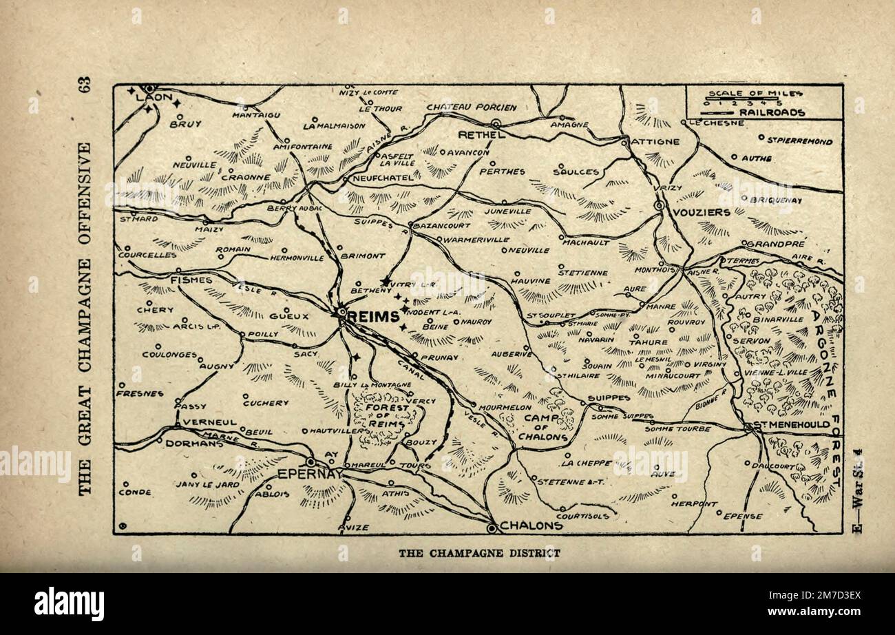 Carte du district de Champagne tirée du livre The Story of the Great War; The Complete history of events to date DIPLOMATIQUES AND STATE PAPERS de Reynolds, Francis Joseph, 1867-1937; Churchill, Allen Leon; Miller, Francis Trevelyan, 1877-1959; Wood, Leonard, 1860-1927; Knight, Austin Melvin, 1854-1927; Palmer, Frederick, 1873-1958; Simonds, Frank Herbert, 1878-; Ruhl, Arthur Brown, 1876- Volume IV publié en 1916 Banque D'Images