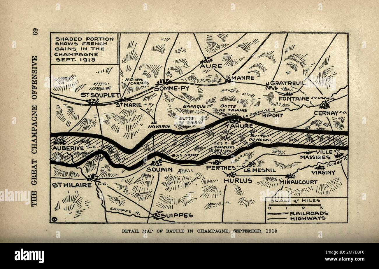 Battle in Champagne, septembre 1915 carte tirée du livre The Story of the Great War; The Complete history of events to date DIPLOMATIQUES AND STATE PAPERS de Reynolds, Francis Joseph, 1867-1937; Churchill, Allen Leon; Miller, Francis Trevelyan, 1877-1959; Wood, Leonard, 1860-1927; Knight, Austin Melvin, 1854-1927; Palmer, Frederick, 1873-1958; Simonds, Frank Herbert, 1878-; Ruhl, Arthur Brown, 1876- Volume IV publié en 1916 Banque D'Images