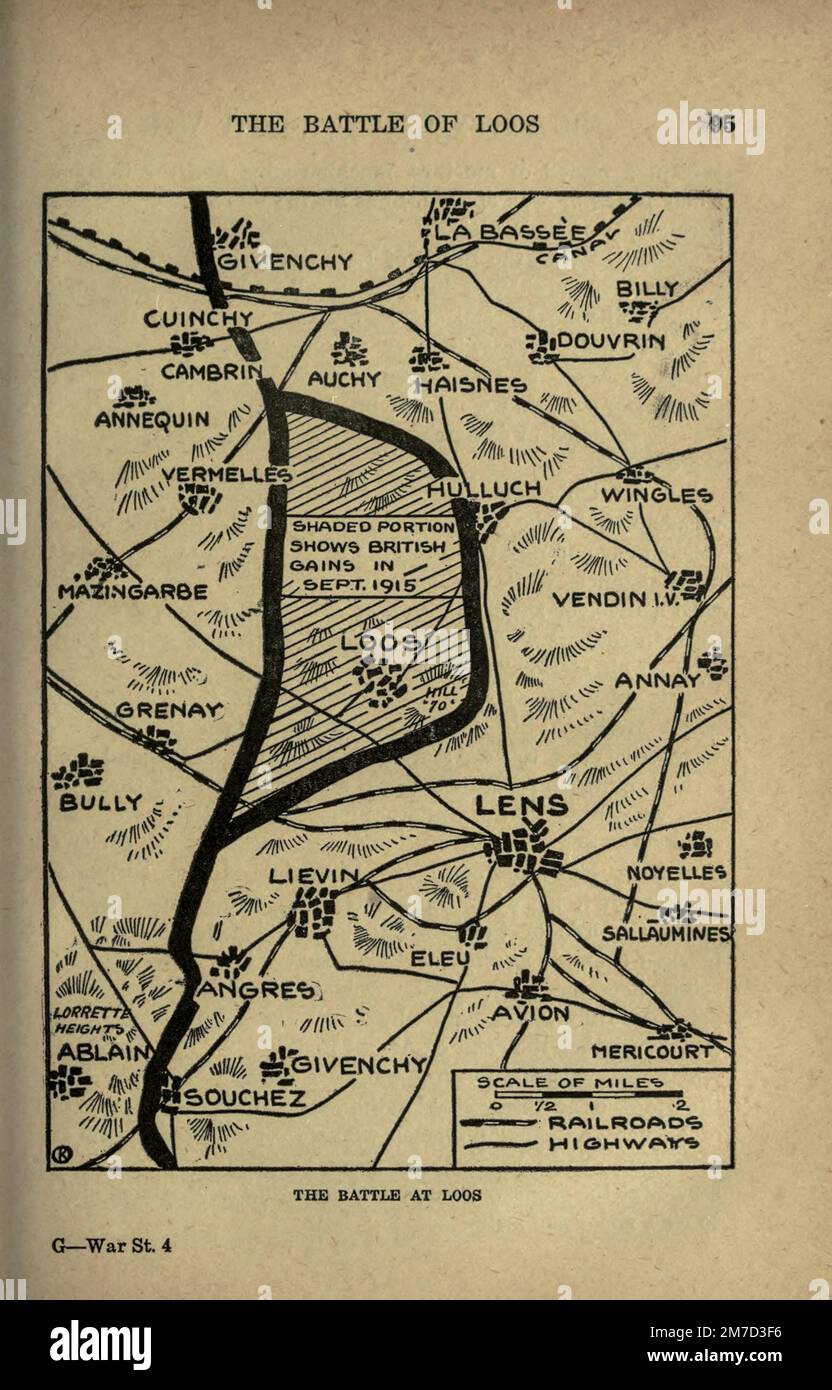 Battle at Loos carte tirée du livre The Story of the Great War; The Complete history of events to date DIPLOMATIQUES AND STATE PAPERS de Reynolds, Francis Joseph, 1867-1937; Churchill, Allen Leon; Miller, Francis Trevelyan, 1877-1959; Wood, Leonard, 1860-1927; Knight, Austin Melvin, 1854-1927; Palmer, Frederick, 1873-1958; Simonds, Frank Herbert, 1878-; Ruhl, Arthur Brown, 1876- Volume IV publié en 1916 Banque D'Images