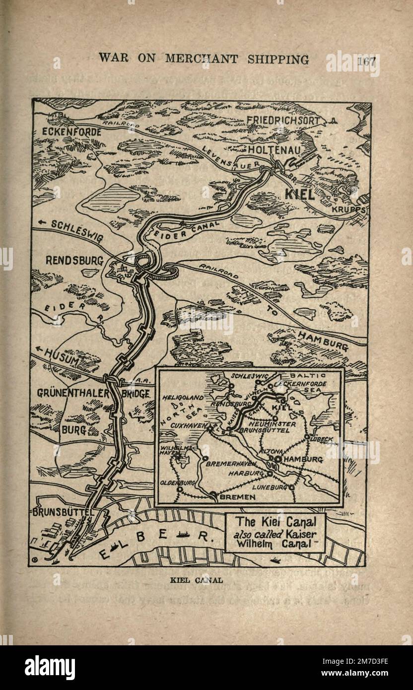Carte du canal de Kiel tirée du livre The Story of the Great War; The Complete history of events to date DIPLOMATIQUES AND STATE PAPERS by Reynolds, Francis Joseph, 1867-1937; Churchill, Allen Leon; Miller, Francis Trevelyan, 1877-1959; Wood, Leonard, 1860-1927; Knight, Austin Melvin, 1854-1927; Palmer, Frederick, 1873-1958; Simonds, Frank Herbert, 1878-; Ruhl, Arthur Brown, 1876- Volume IV publié en 1916 Banque D'Images