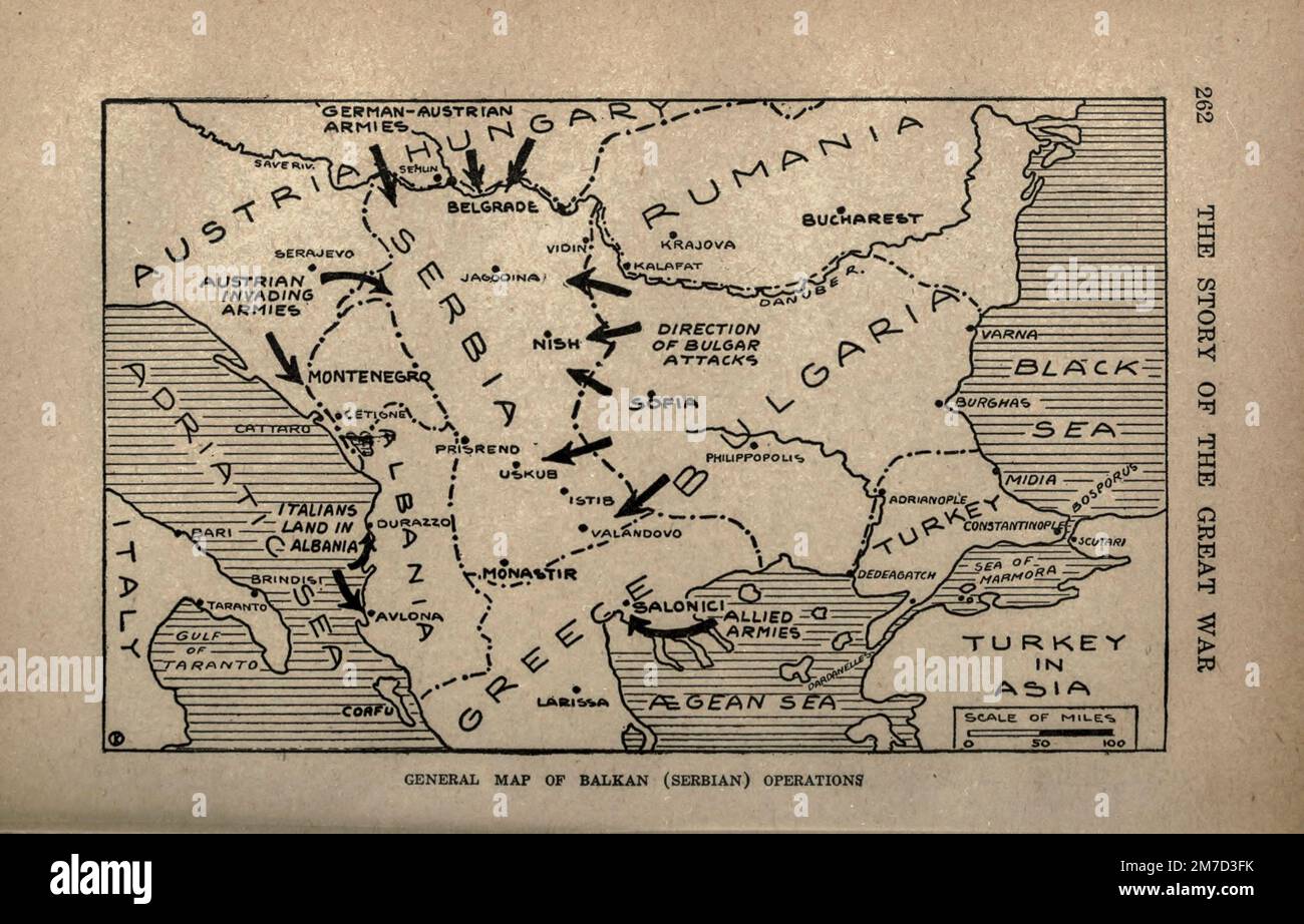 Carte des opérations des Balkans (serbe) tirée du livre The Story of the Great War; The Complete history of events to date DIPLOMATIQUES AND STATE PAPERS by Reynolds, Francis Joseph, 1867-1937; Churchill, Allen Leon; Miller, Francis Trevelyan, 1877-1959; Wood, Leonard, 1860-1927; Knight, Austin Melvin, 1854-1927; Palmer, Frederick, 1873-1958; Simonds, Frank Herbert, 1878-; Ruhl, Arthur Brown, 1876- Volume IV publié en 1916 Banque D'Images
