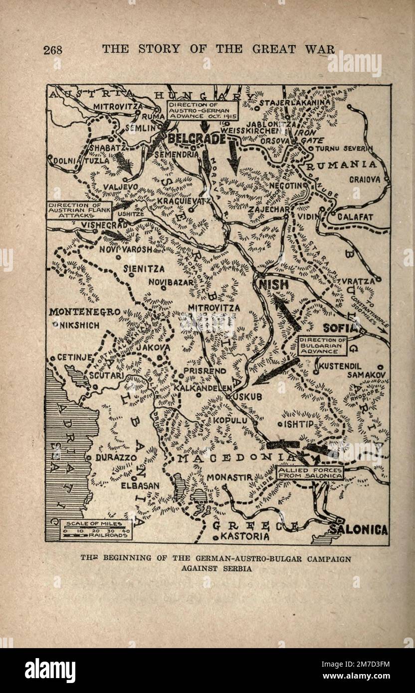 Campagne germano-austro-bulgare contre la Serbie carte tirée du livre The Story of the Great War; The complete history of events to date DIPLOMATIQUES ET STATE PAPERS by Reynolds, Francis Joseph, 1867-1937; Churchill, Allen Leon; Miller, Francis Trevelyan, 1877-1959; Wood, Leonard, 1860-1927; Knight, Austin Melvin, 1854-1927; Palmer, Frederick, 1873-1958; Simonds, Frank Herbert, 1878-; Ruhl, Arthur Brown, 1876- Volume IV publié en 1916 Banque D'Images