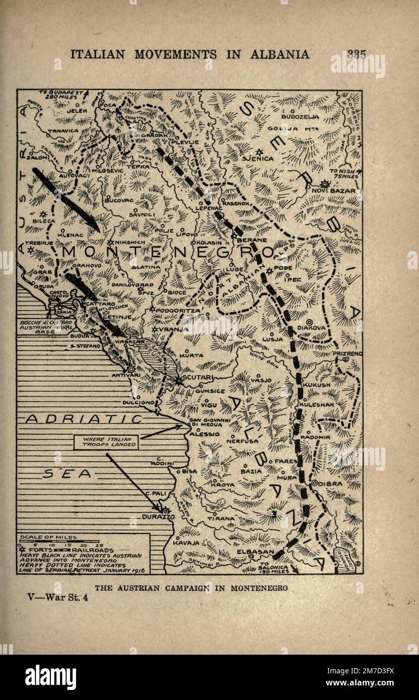 La campagne autrichienne au Monténégro carte tirée du livre The Story of the Great War; The Complete history of events to date DIPLOMATIQUES AND STATE PAPERS by Reynolds, Francis Joseph, 1867-1937; Churchill, Allen Leon; Miller, Francis Trevelyan, 1877-1959; Wood, Leonard, 1860-1927; Knight, Austin Melvin, 1854-1927; Palmer, Frederick, 1873-1958; Simonds, Frank Herbert, 1878-; Ruhl, Arthur Brown, 1876- Volume IV publié en 1916 Banque D'Images