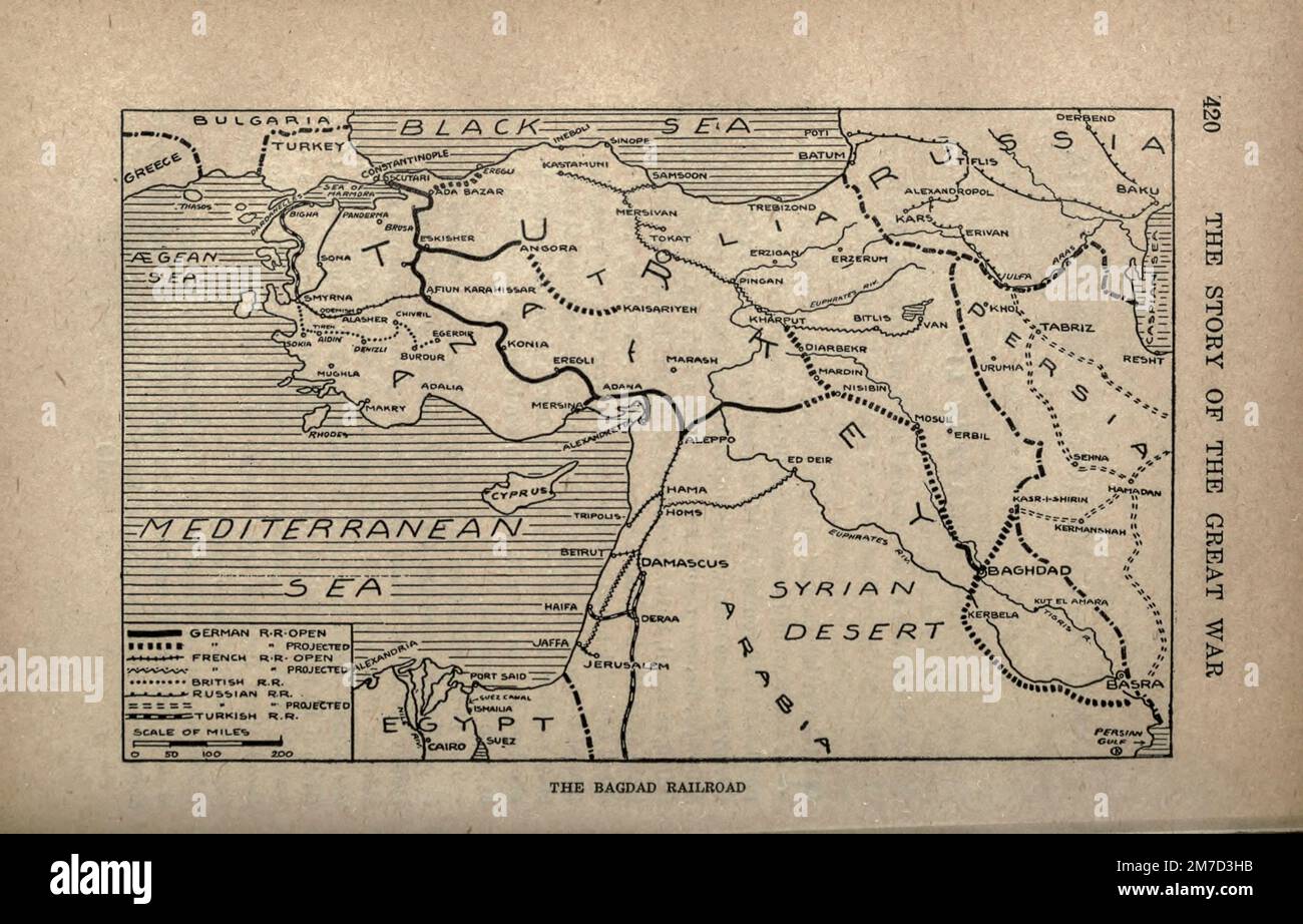 Carte du chemin de fer de Bagdad tiré du livre The Story of the Great War; The Complete history of events to date DIPLOMATIQUES ET LES ÉTATS PAPIERS par Reynolds, Francis Joseph, 1867-1937; Churchill, Allen Leon; Miller, Francis Trevelyan, 1877-1959; Wood, Leonard, 1860-1927; Knight, Austin Melvin, 1854-1927; Palmer, Frederick, 1873-1958; Simonds, Frank Herbert, 1878-; Ruhl, Arthur Brown, 1876- Volume IV publié en 1916 Banque D'Images