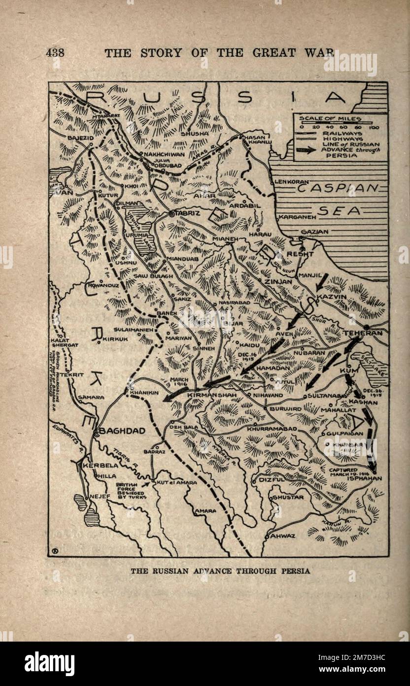 La Russie avance par la Perse carte de l'ouvrage The Story of the Great War; The Complete history of events to date DIPLOMATIQUES AND STATE PAPERS by Reynolds, Francis Joseph, 1867-1937; Churchill, Allen Leon; Miller, Francis Trevelyan, 1877-1959; Wood, Leonard, 1860-1927; Knight, Austin Melvin, 1854-1927; Palmer, Frederick, 1873-1958; Simonds, Frank Herbert, 1878-; Ruhl, Arthur Brown, 1876- Volume IV publié en 1916 Banque D'Images