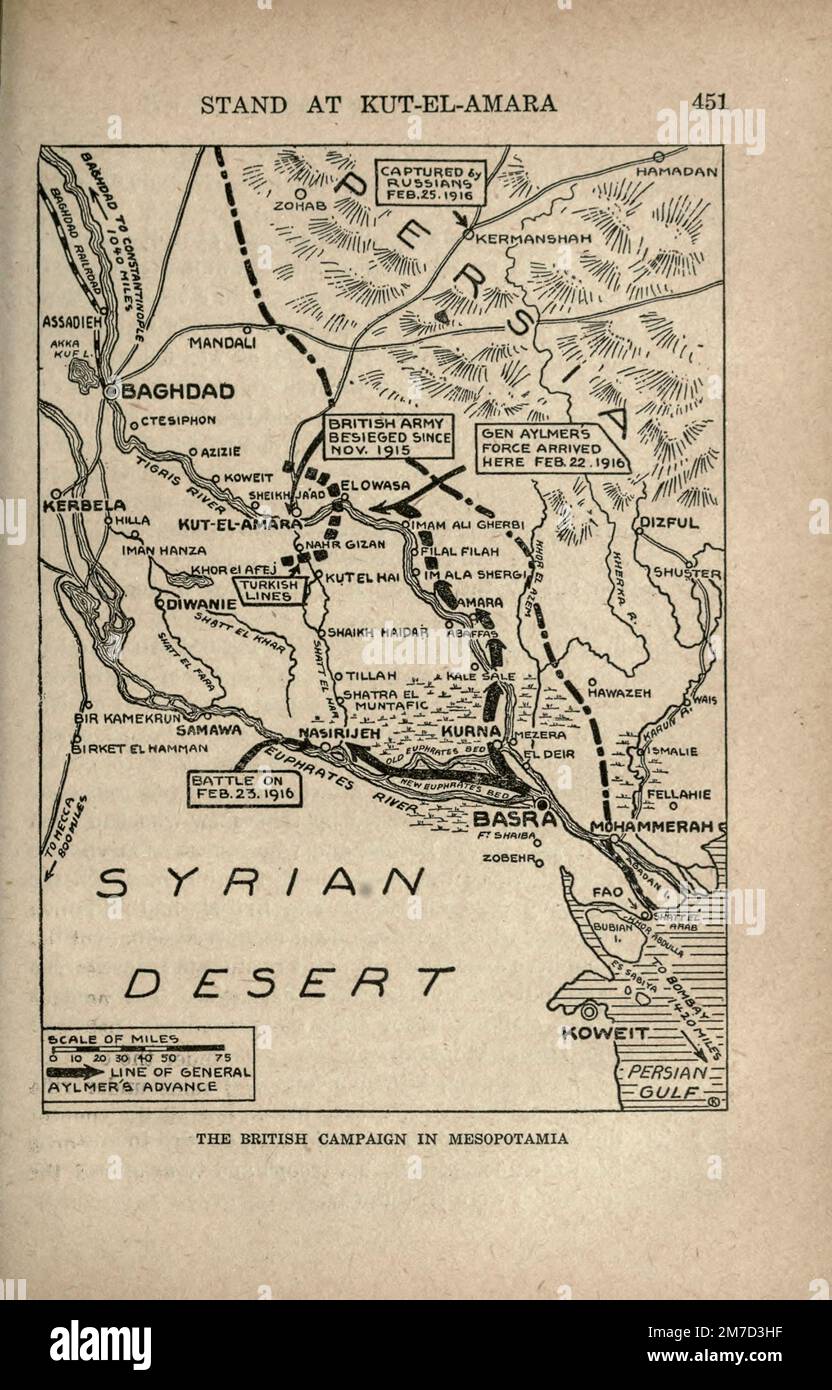 La campagne britannique en Mésopotamie carte tirée du livre The Story of the Great War; The Complete history of events to date DIPLOMATIQUES AND STATE PAPERS by Reynolds, Francis Joseph, 1867-1937; Churchill, Allen Leon; Miller, Francis Trevelyan, 1877-1959; Wood, Leonard, 1860-1927; Knight, Austin Melvin, 1854-1927; Palmer, Frederick, 1873-1958; Simonds, Frank Herbert, 1878-; Ruhl, Arthur Brown, 1876- Volume IV publié en 1916 Banque D'Images