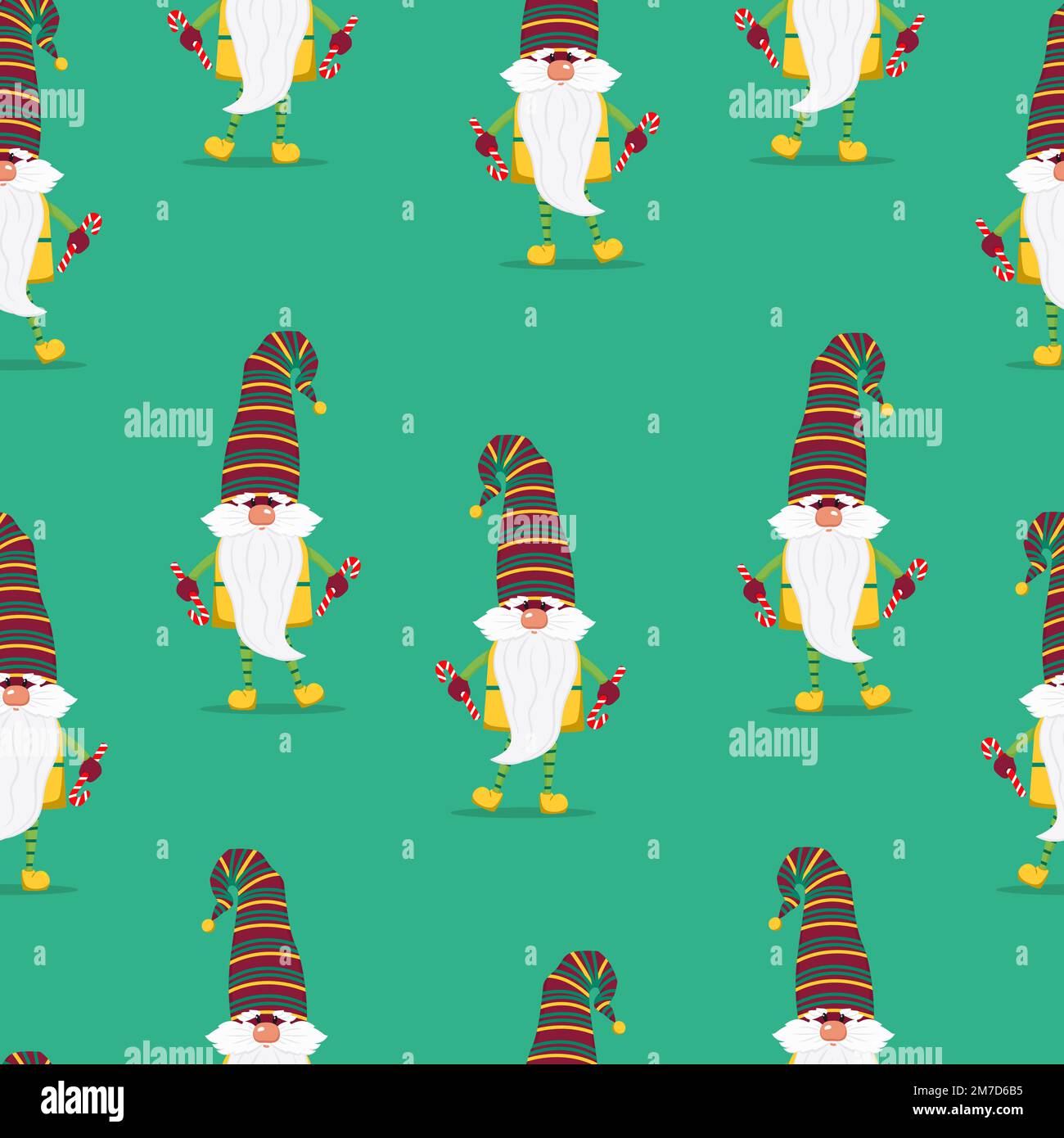 Nains amusants avec cadeaux motif sans couture. Nains joyeux en chapeaux personnages vectoriels style plat Illustration de Vecteur