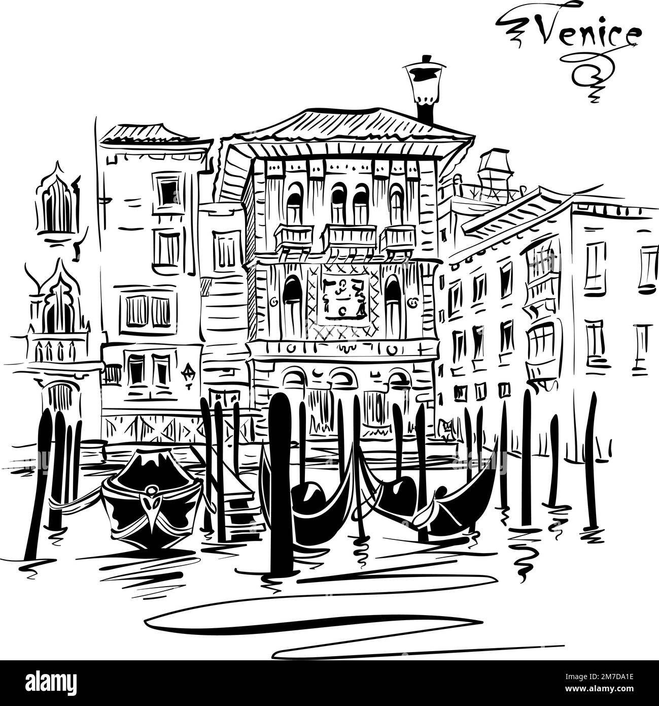 Dessin vectoriel noir et blanc du Palazzo dans le style gothique vénitien sur le Grand Canal, Venise, Italie. Illustration de Vecteur
