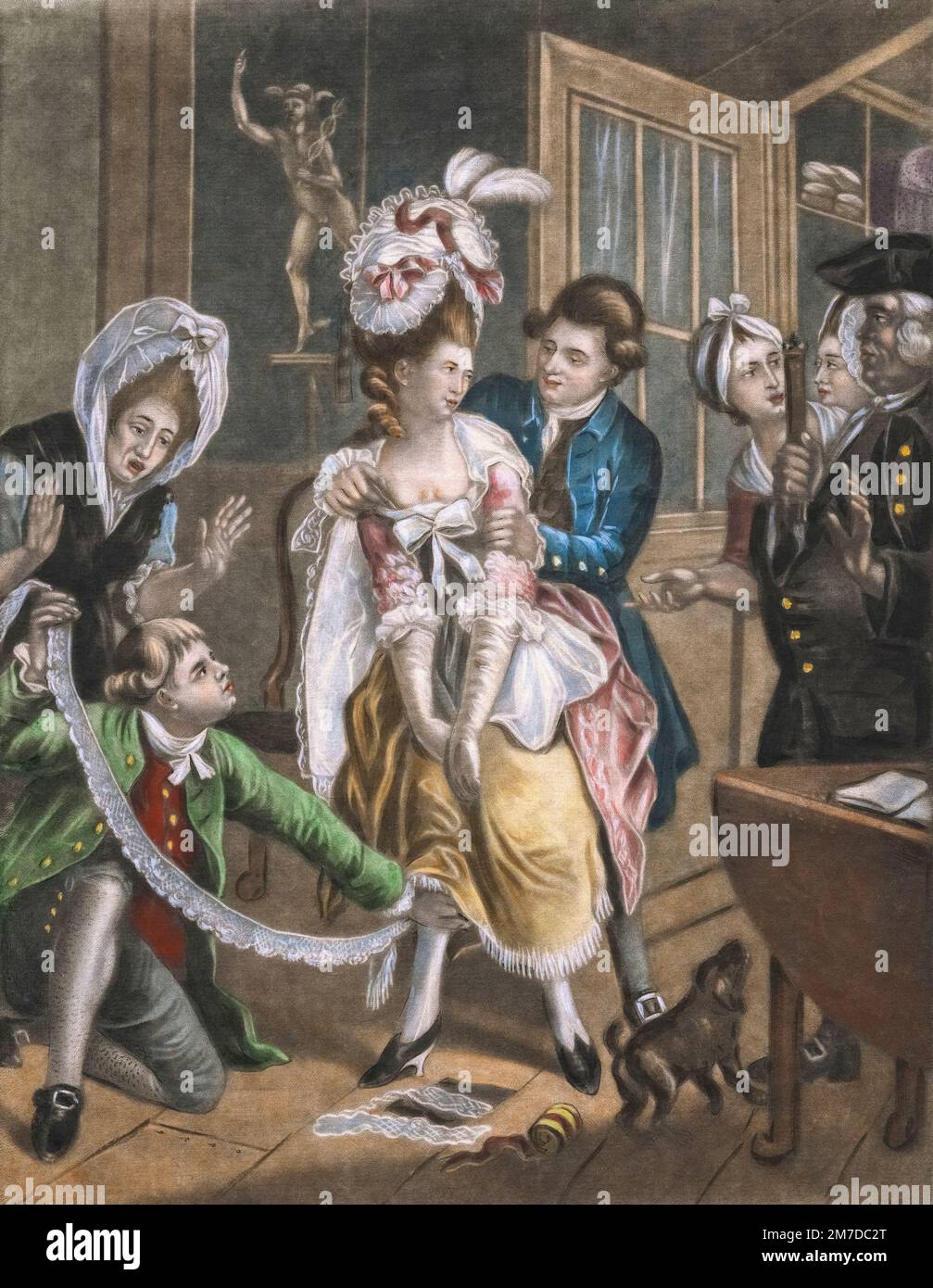 Une femme de magasiner est prise dans la loi. Elle avait dissimulé des longueurs de dentelle sous ses vêtements. Après un travail de John Collett, publié en 1787. Banque D'Images