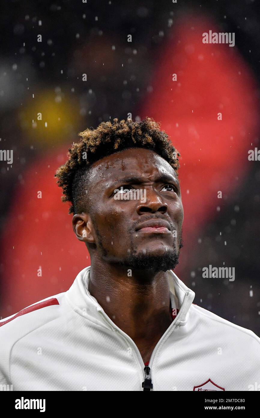 Tammy Abraham d'AS Roma réagit lors de la présentation des équipes avant la série Un match de football entre AC Milan et AS Roma. Milan et Roma Drew 2- Banque D'Images