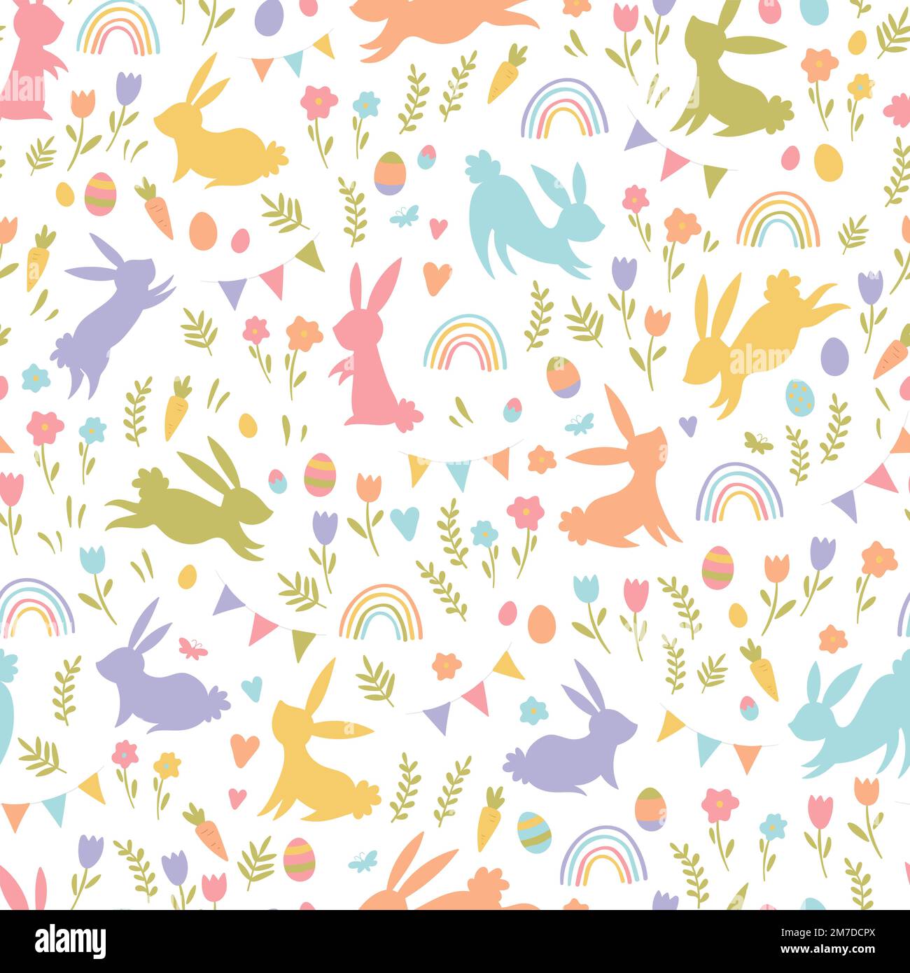 Joli motif de Pâques dessiné à la main avec des lapins, des fleurs, des œufs de pâques, un beau fond, idéal pour les cartes de Pâques, bannière, textiles, fonds d'écran Illustration de Vecteur