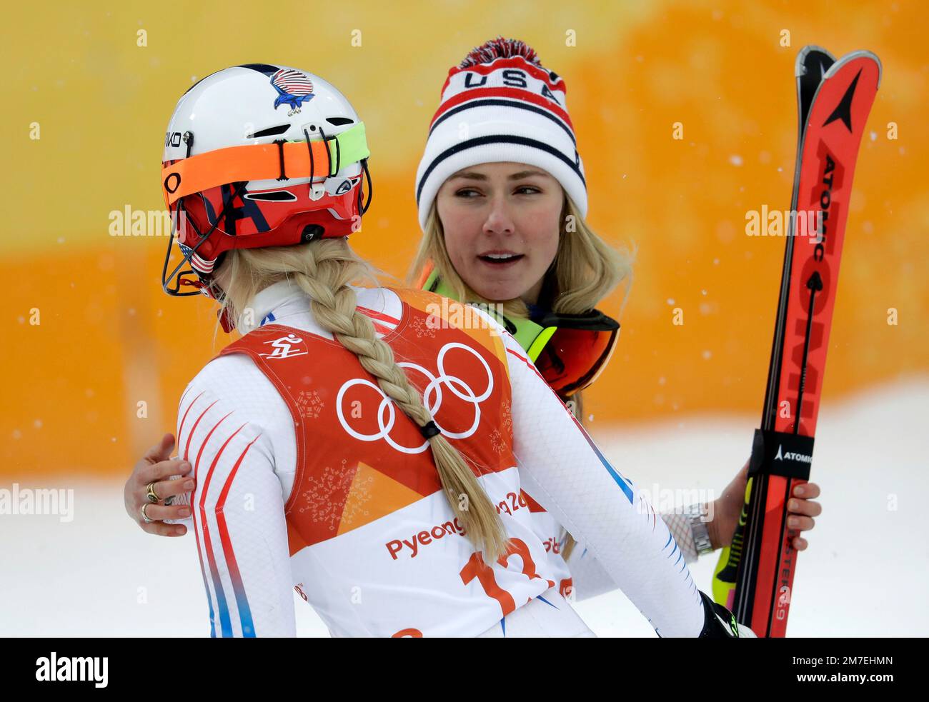 FILE Mikaela Shiffrin, of the United States, right, hugs compatriot(00)