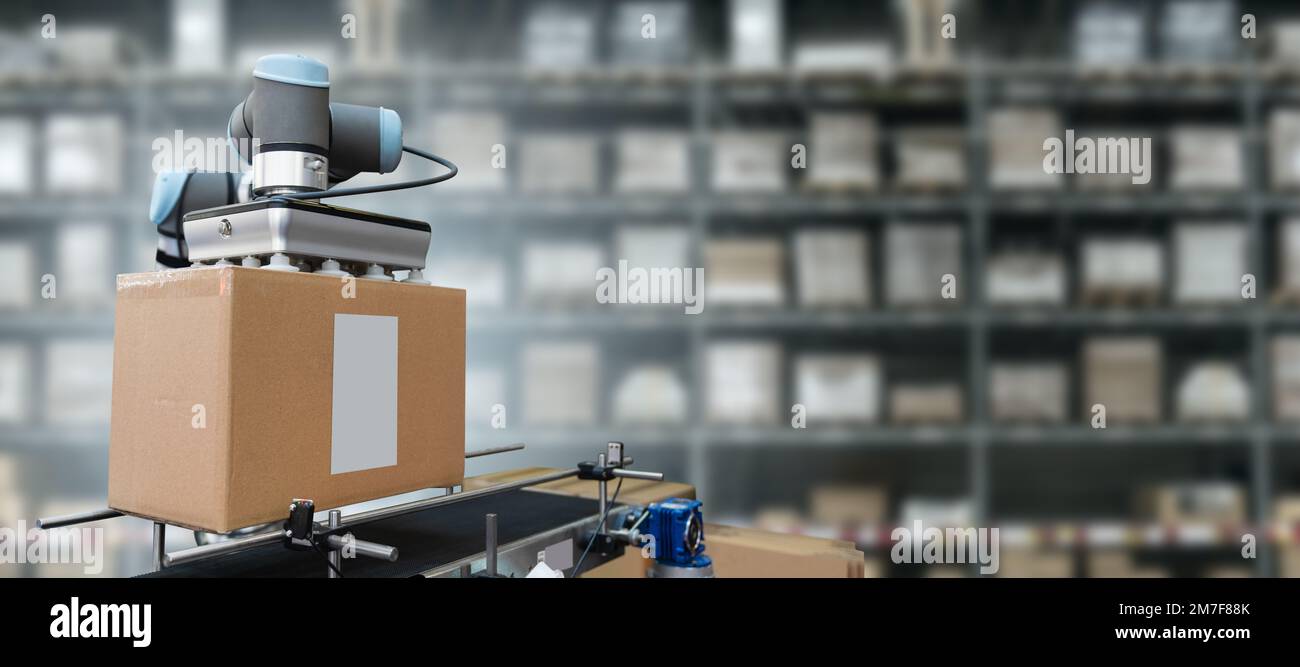 Le bras robot déplace les boîtes dans un entrepôt automatique. Concept Banque D'Images
