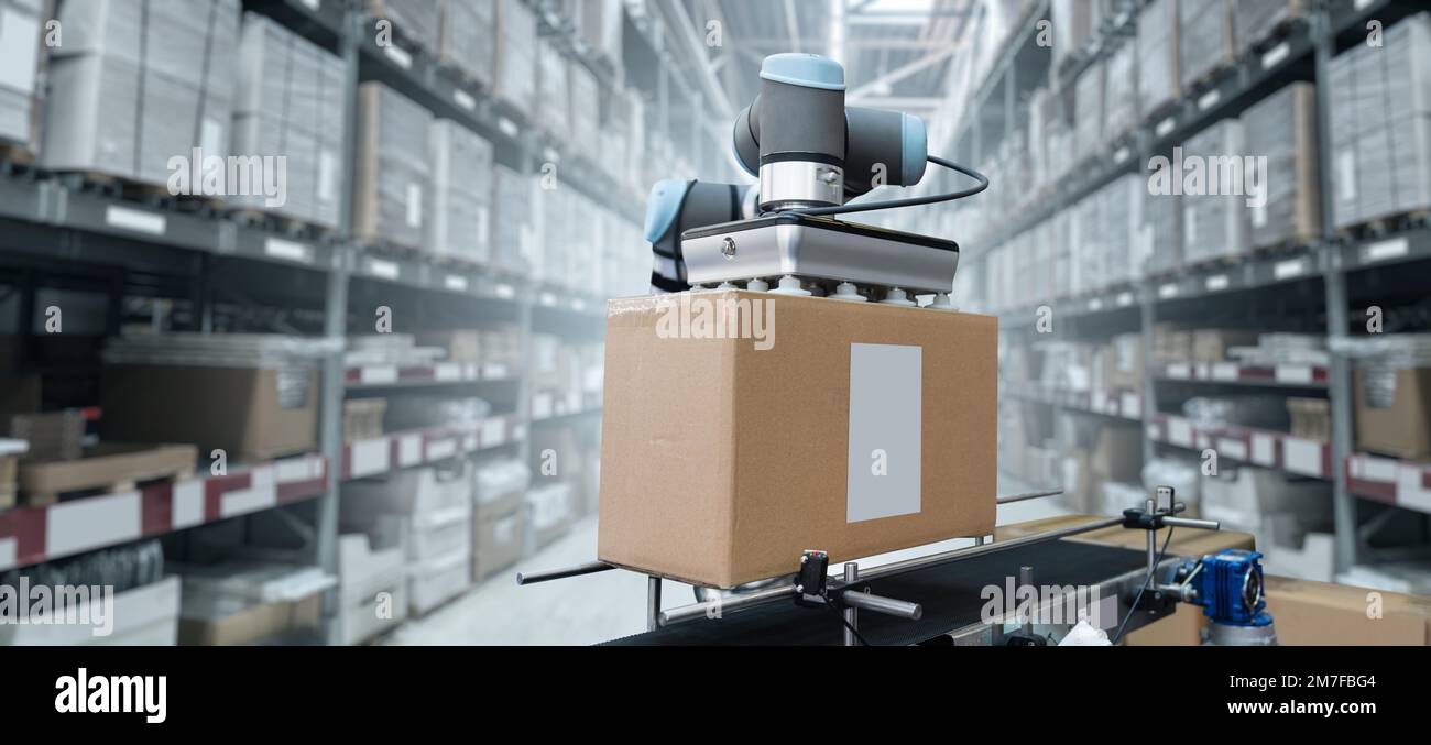 Le bras robot déplace les boîtes dans un entrepôt automatique. Concept Banque D'Images