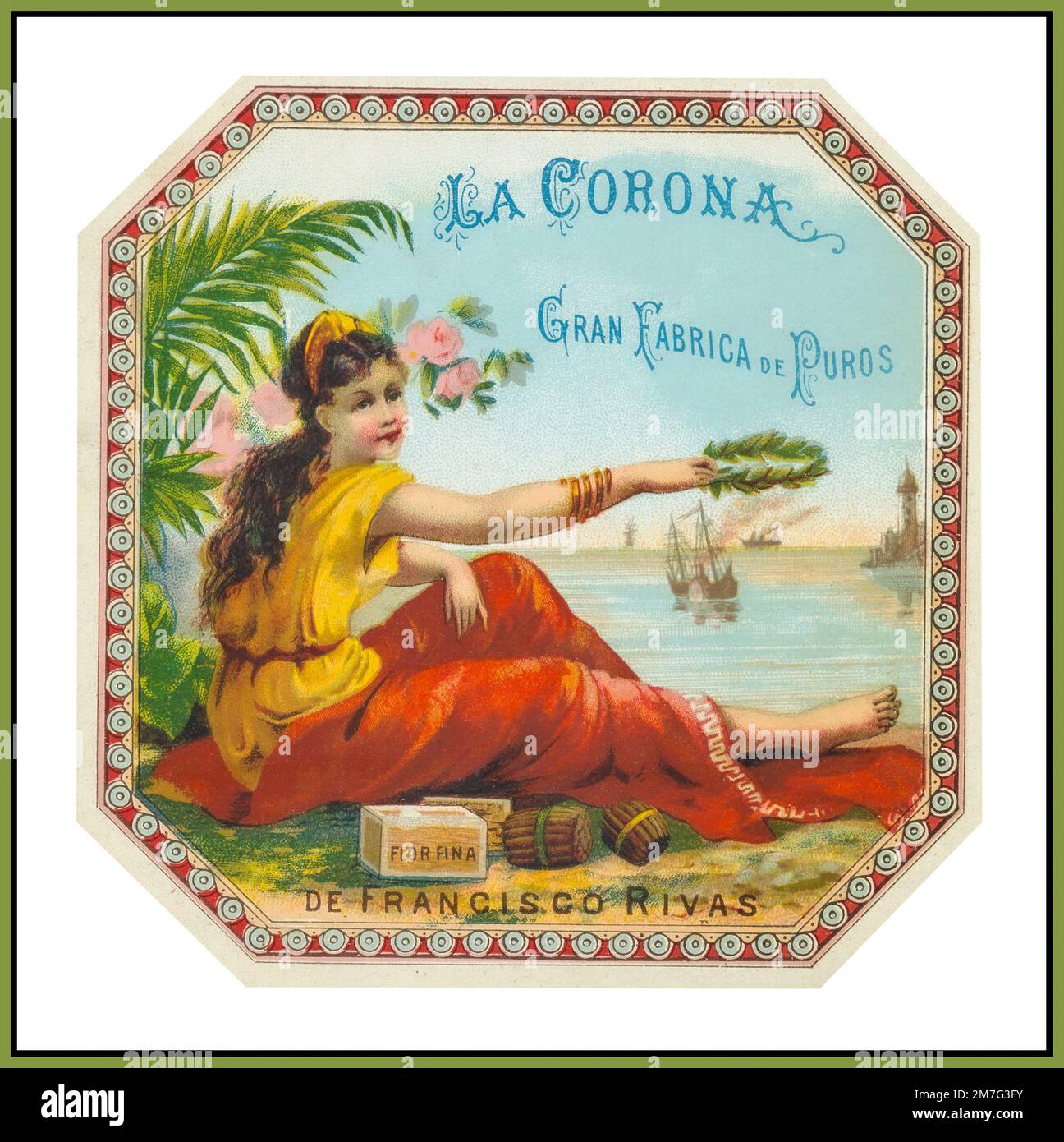 CIGARES DE LA HAVANE la Corona Vintage Cigar Box 'de Francisco Rivas' illustration couleur Gran Fabrica de Tabacos Puros, Flor Fina marque abandonnée avant la révolution Habanos sa. Il a été établi vers 1845, et était populaire, en particulier aux États-Unis, avant la révolution de Cuba. Banque D'Images