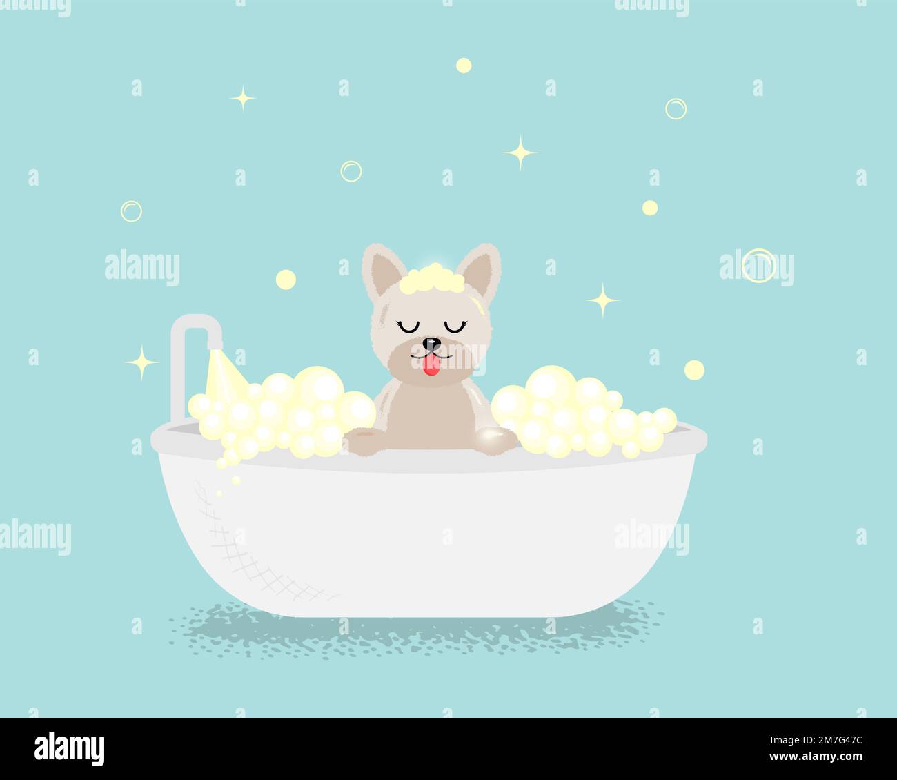 Magnifique bannière avec chien dans le bain sur fond bleu pour un style de vie. Arrière-plan vectoriel. Chien domestique. Chien, chiot, chien, animal de compagnie. Illustration vectorielle Illustration de Vecteur