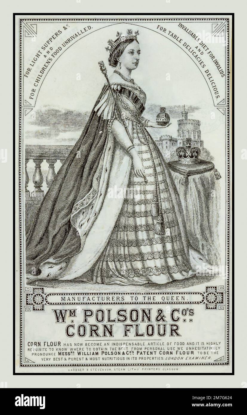 Affiche publicitaire vintage pour la farine de maïs Polson avec la reine Victoria et son épi et son orbe avec la couronne d'État à ses côtés. Château de Windsor derrière. Publicité de l'endossement royal 1890s Banque D'Images