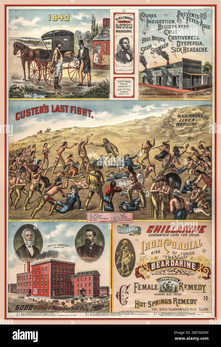 Vintage 1800s Amérique santé foie elexir publicité Dr. M.A.M. Simmons Liver Medicine cure-All mettant en vedette Custer Last Stand USA America Banque D'Images