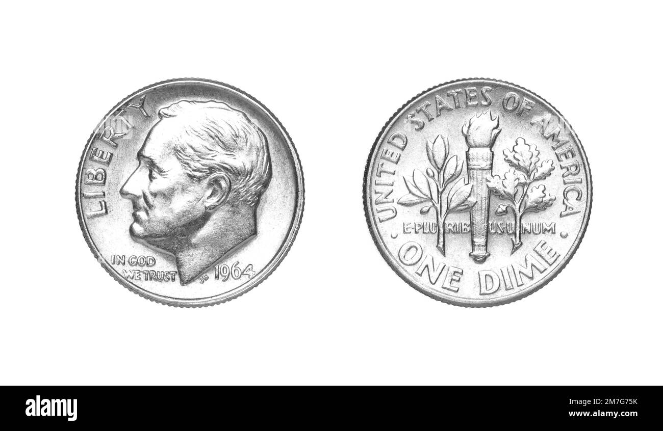 L'arrière et l'arrière de 1964 un dime argent US pièce isolée sur fond blanc Banque D'Images